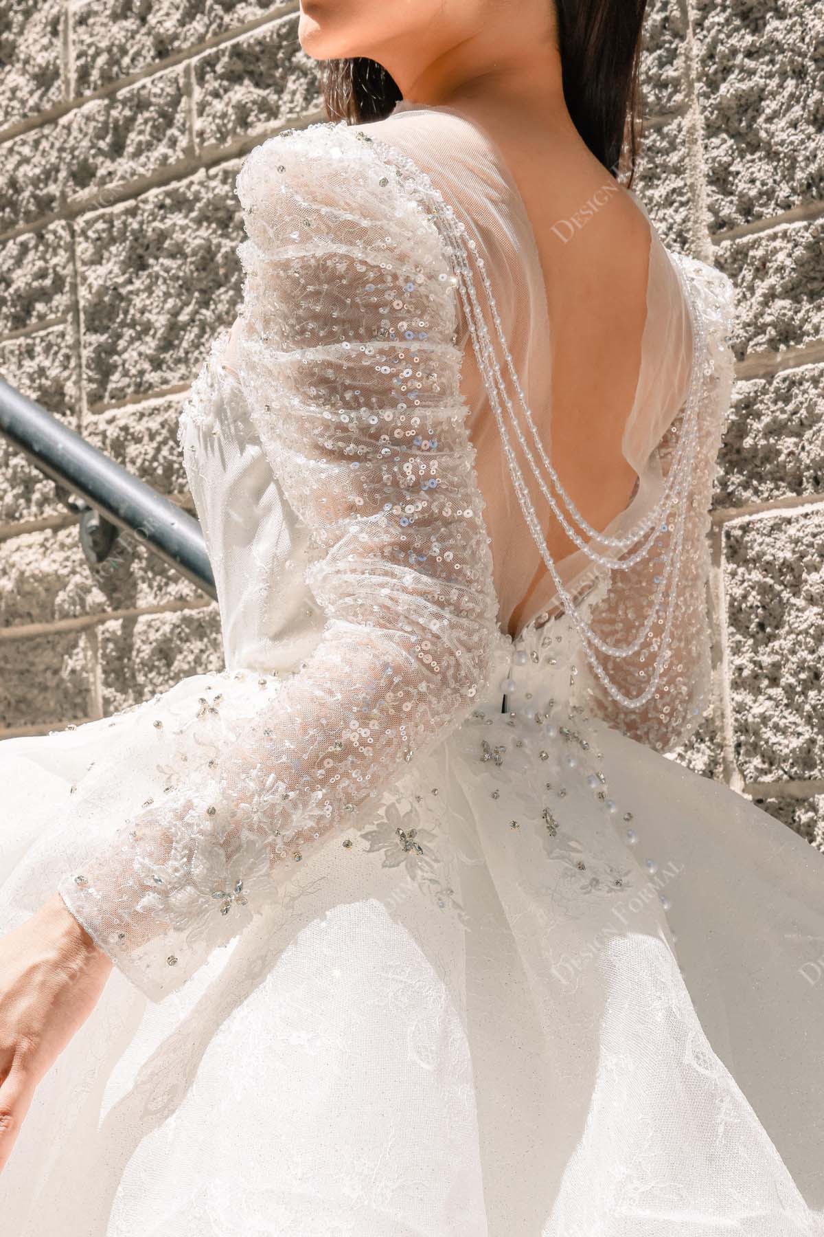 sequined sleeves beaded chains V-back wedding dress