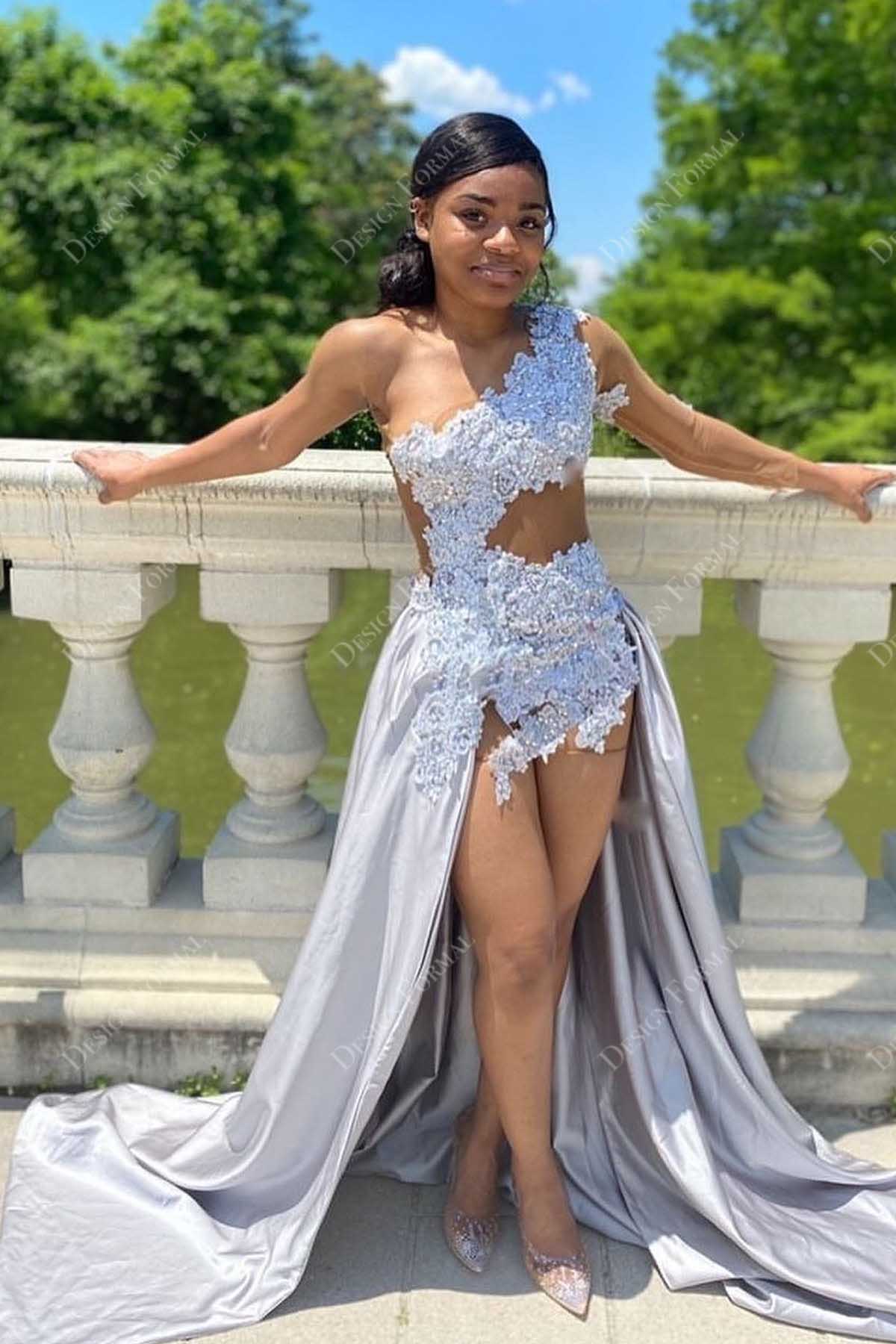 Grey Illusion Beaded One Shoulder Taffeta Overksirt Crafted Dress Grey Illusion Beaded One Shoulder Taffeta Overksirt Crafted Dress