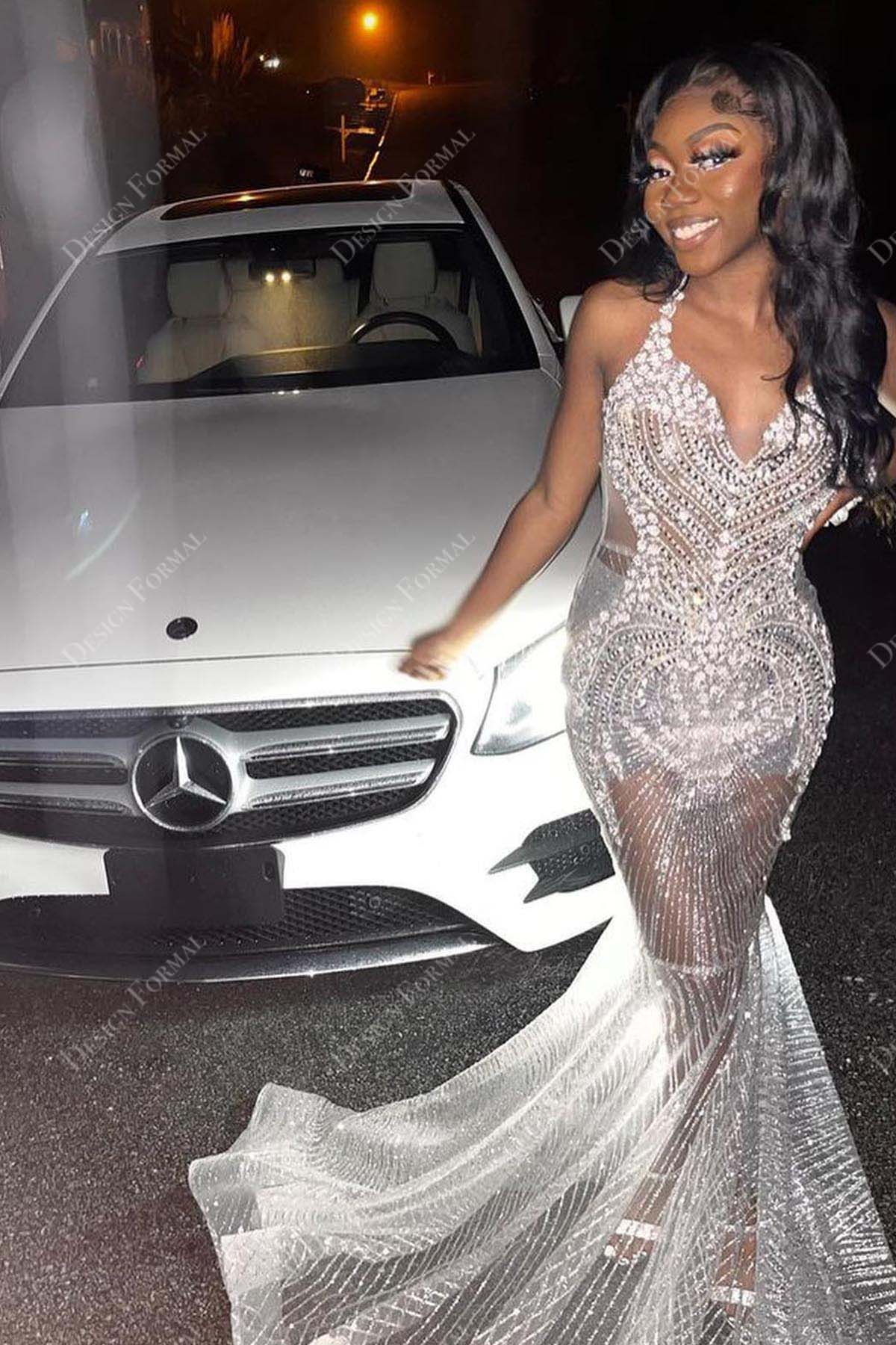 Silver Crystals Halter Glitter Sheer Mermaid Designer Prom Dress