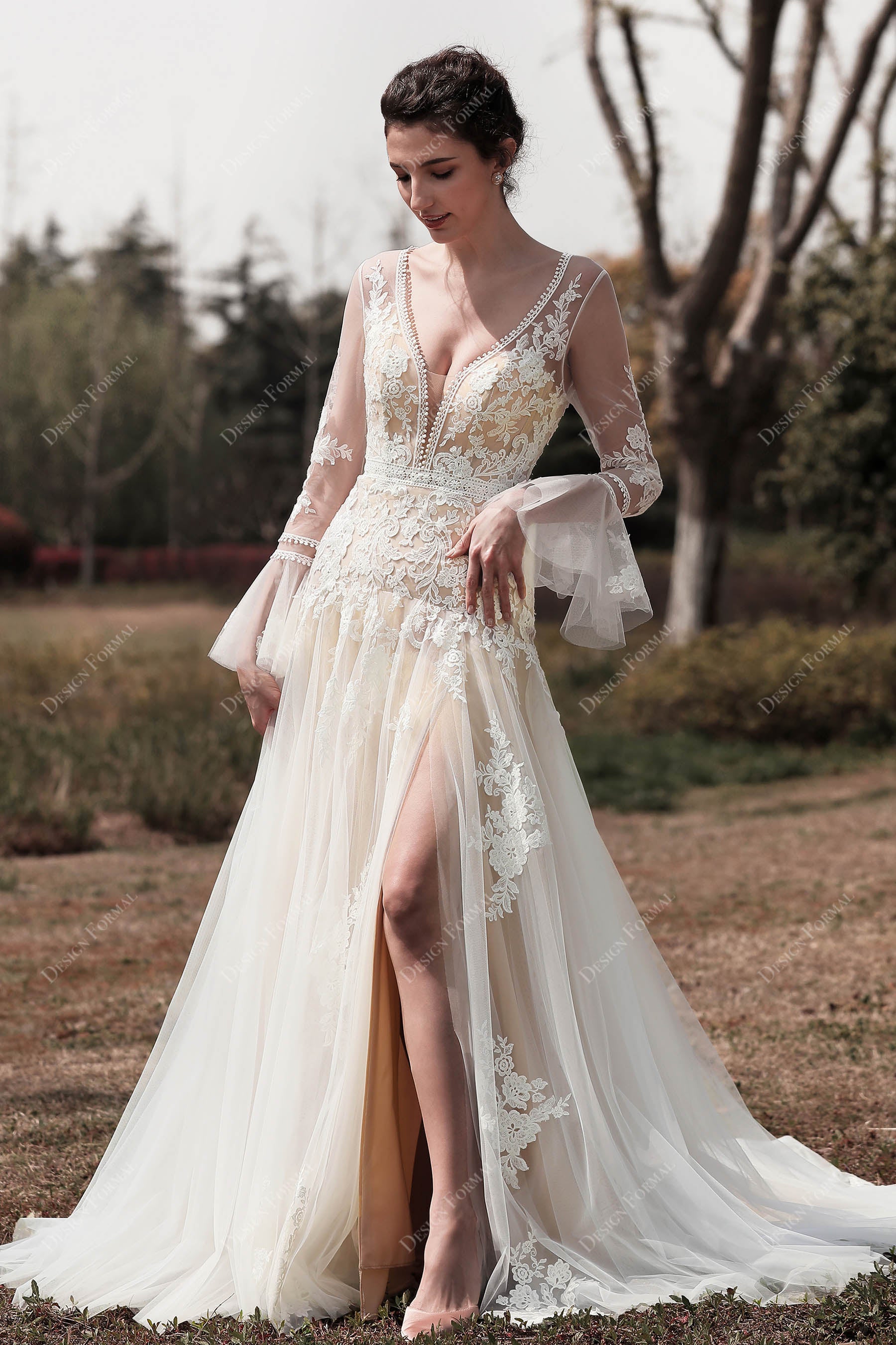 Romantic Bell Sleeve Boho Lace Slit Fit and Flare Spring Wedding Dress