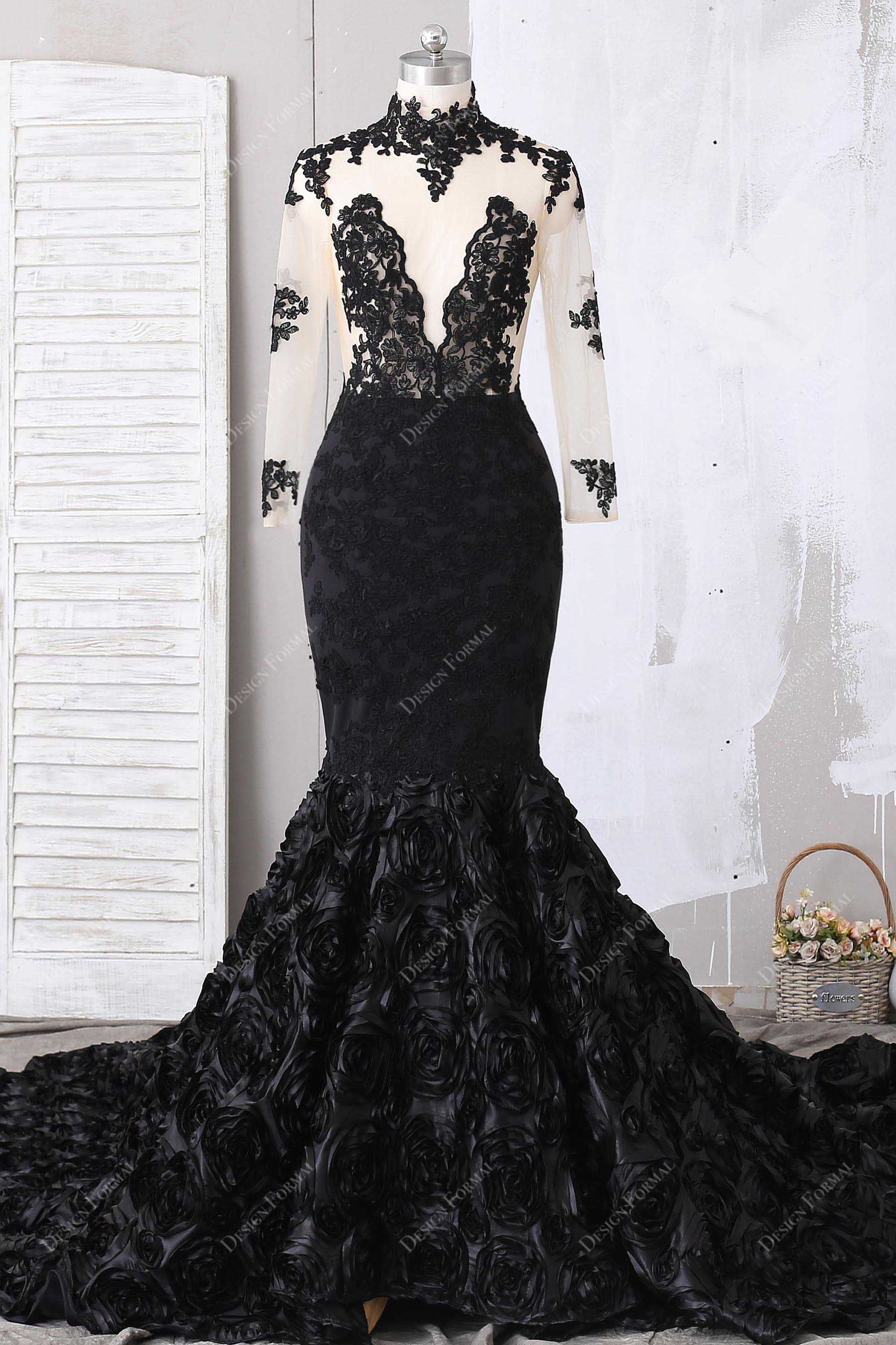 Illusion Black Lace Mermaid Dramatic 3D Roses Long Train Prom Dress Illusion Black Lace Mermaid Dramatic 3D Roses Long Train Prom Dress