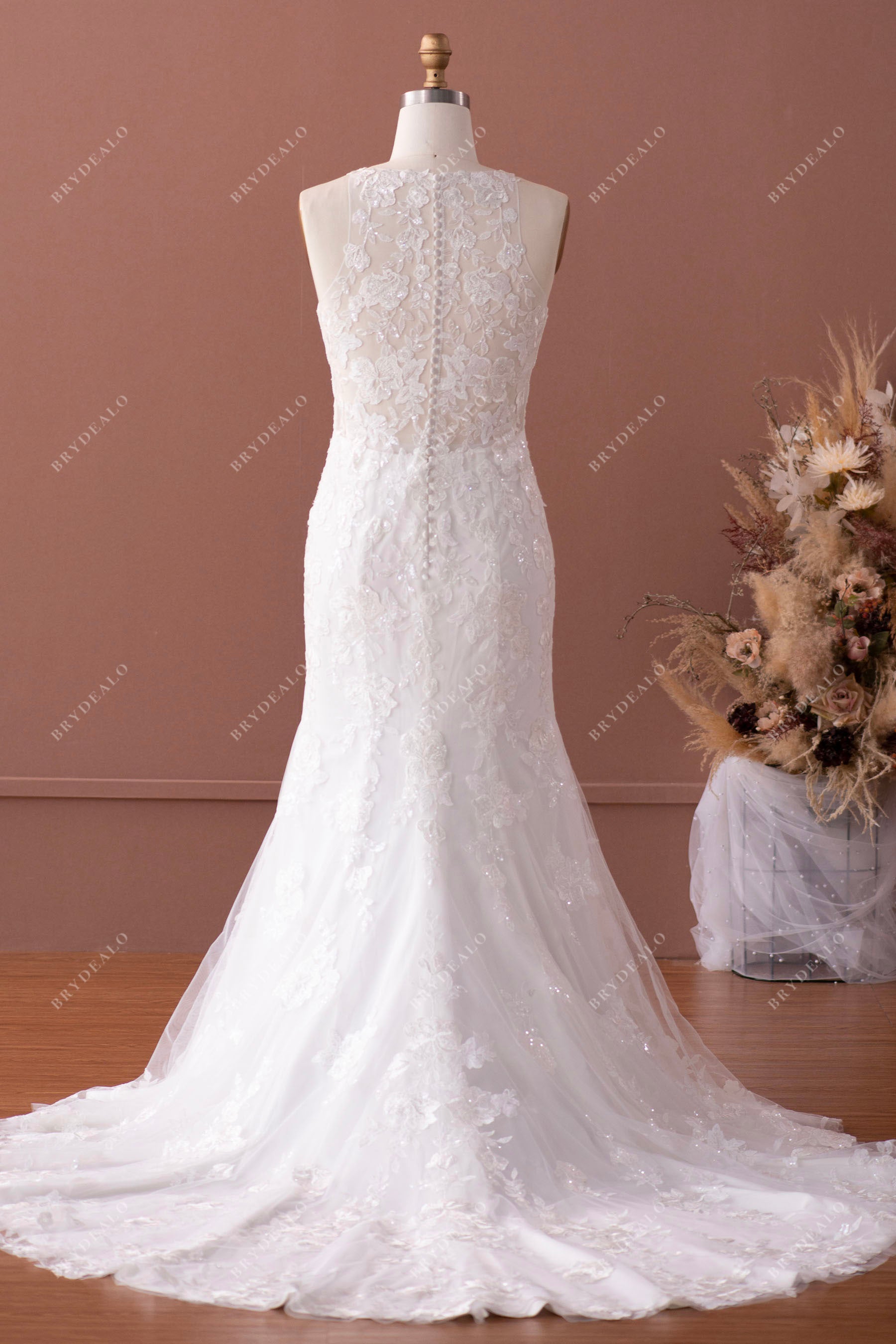 illusion back sleeveless outdoor mermaid wedding gown