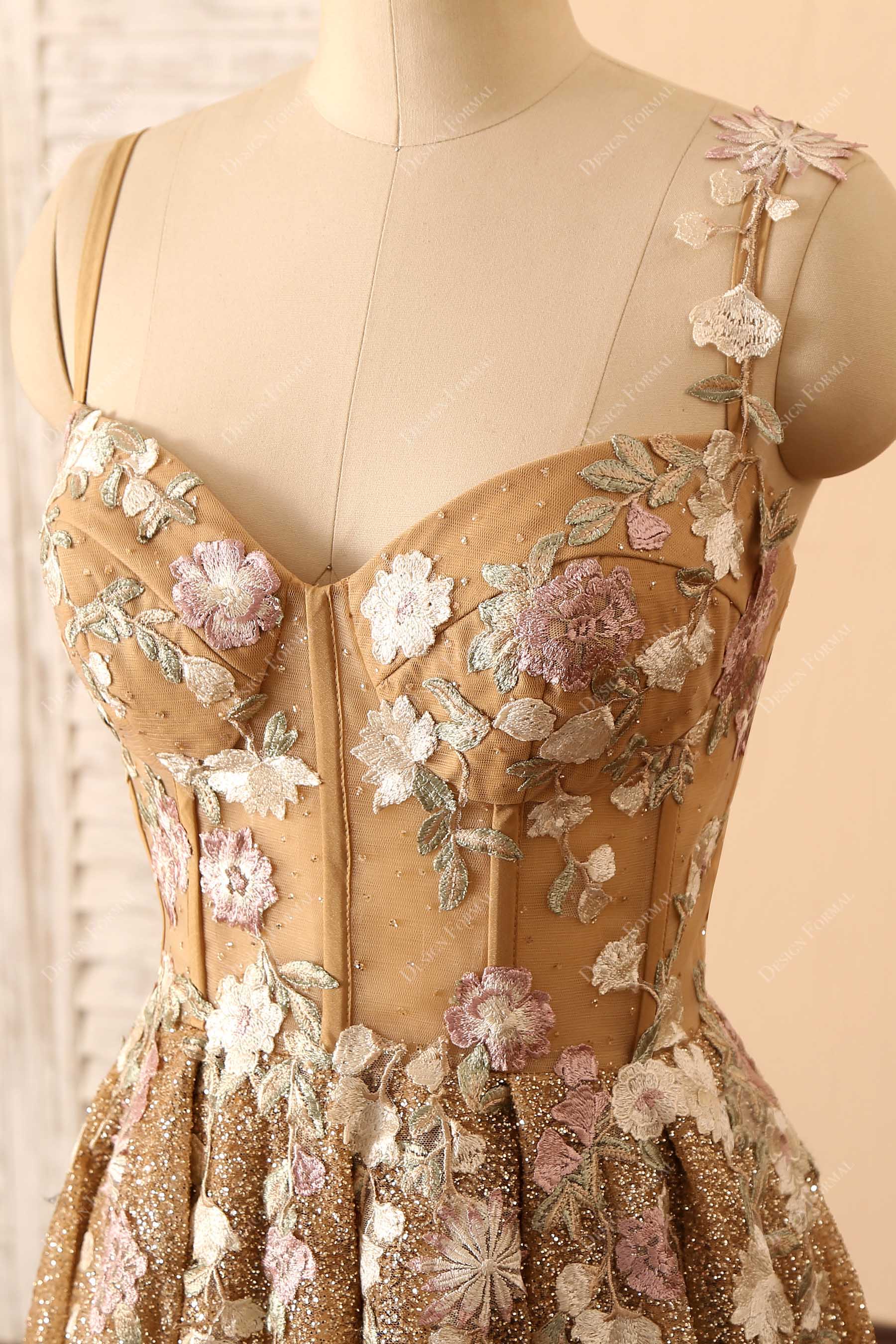 sheer corset gold glitter prom dress