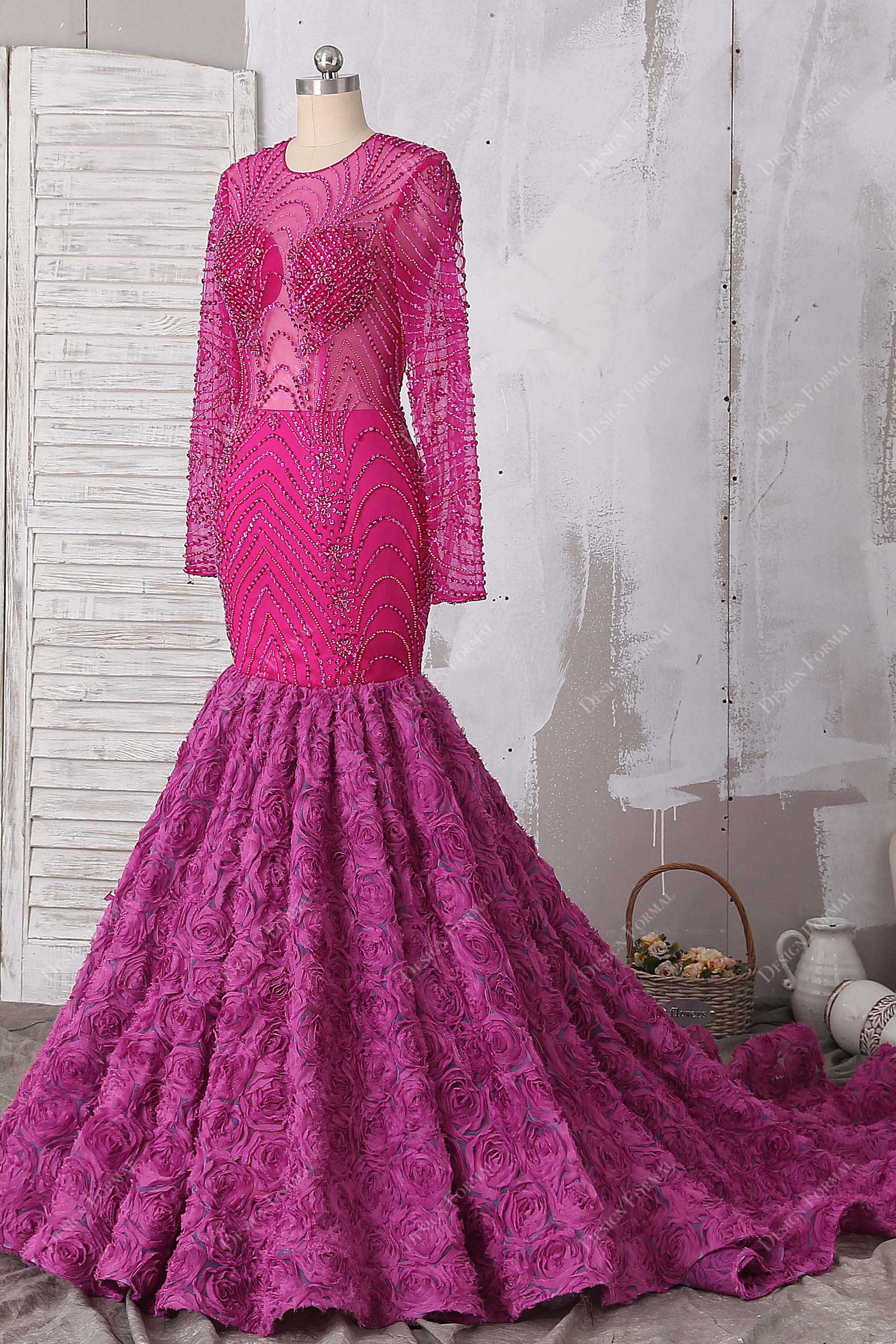 sheer long sleeves 3D roses mermaid dress