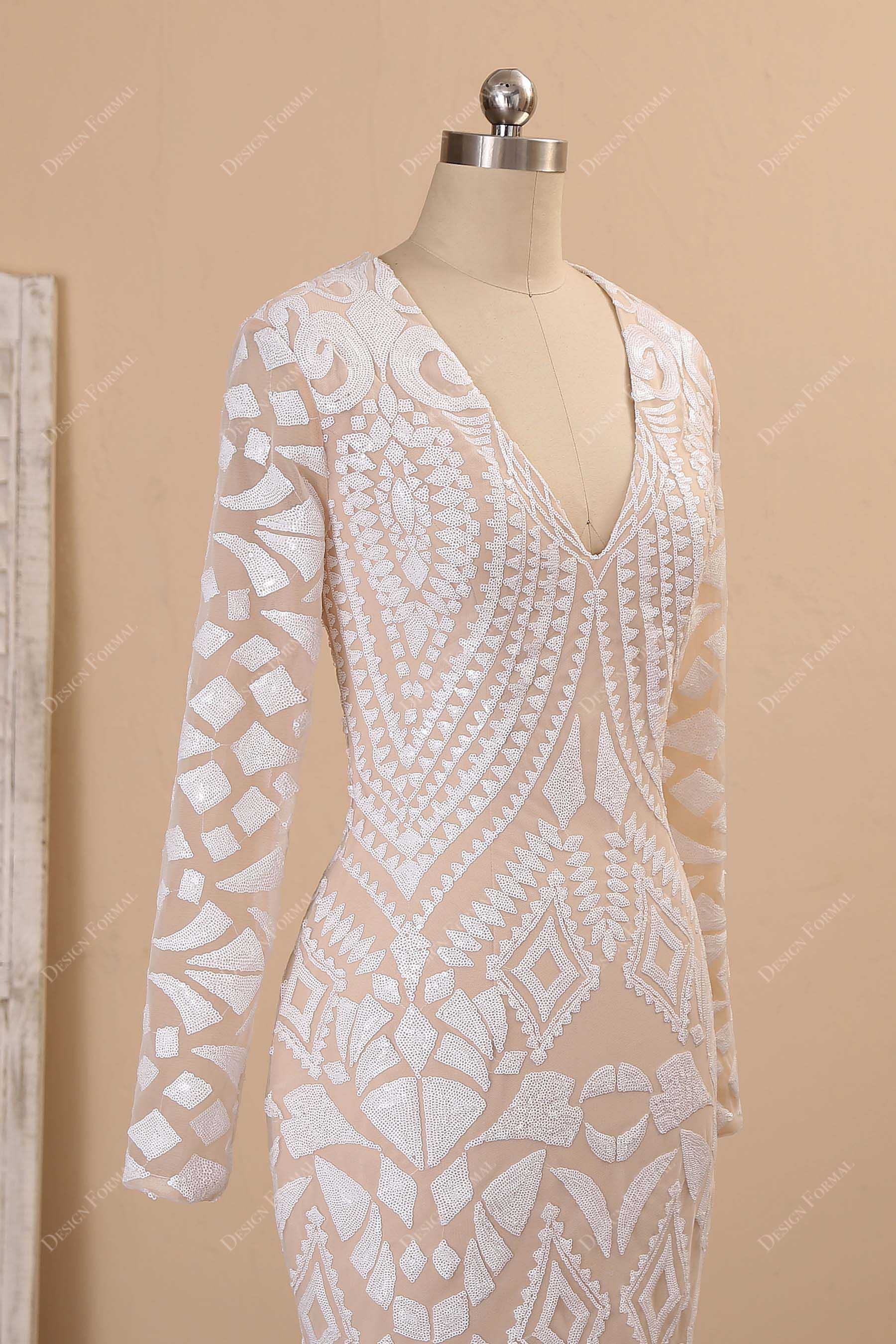 sheer long sleeve V-neck prom dress