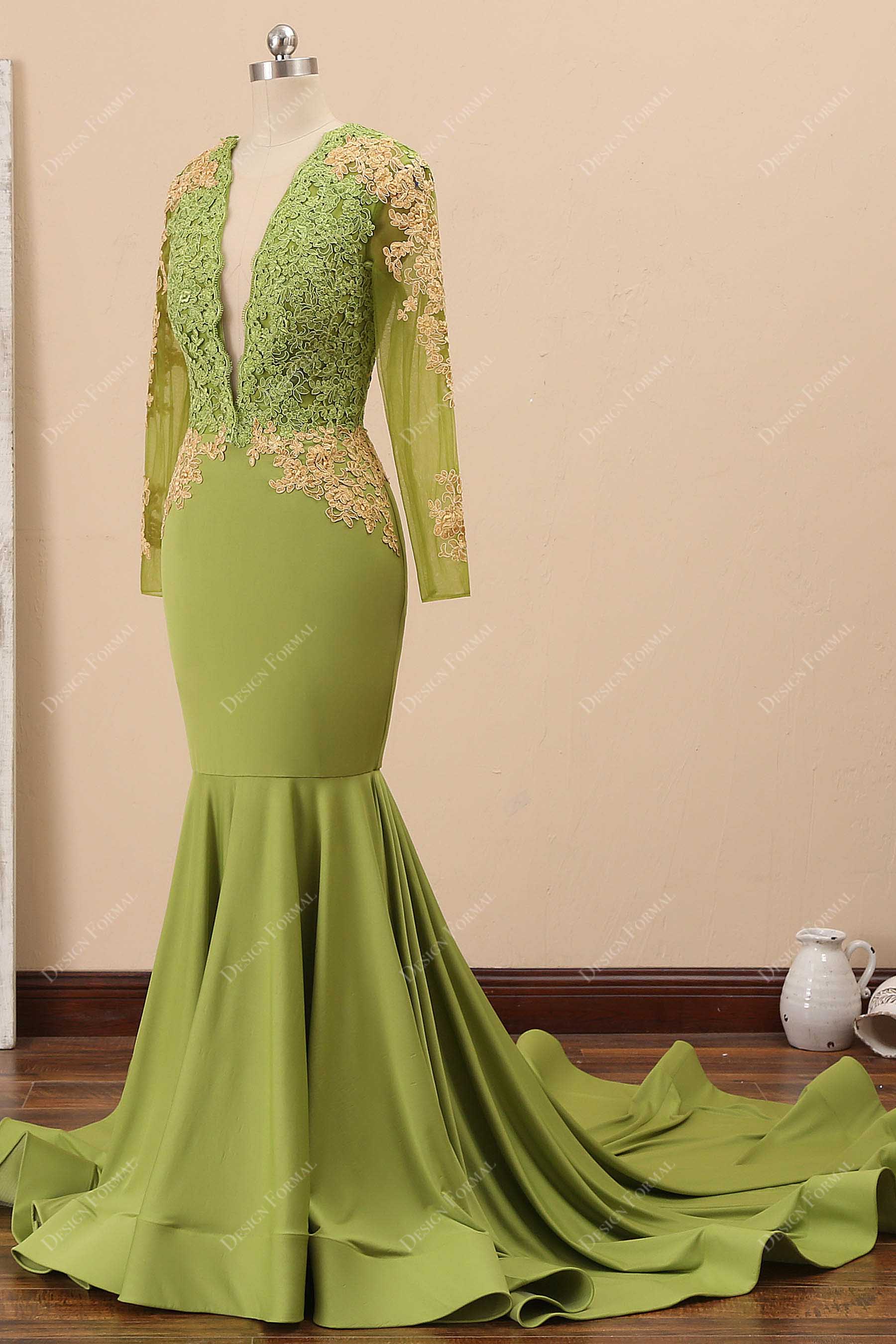 Sheer Long Sleeve Lace Jersey Mermaid Prom Dress