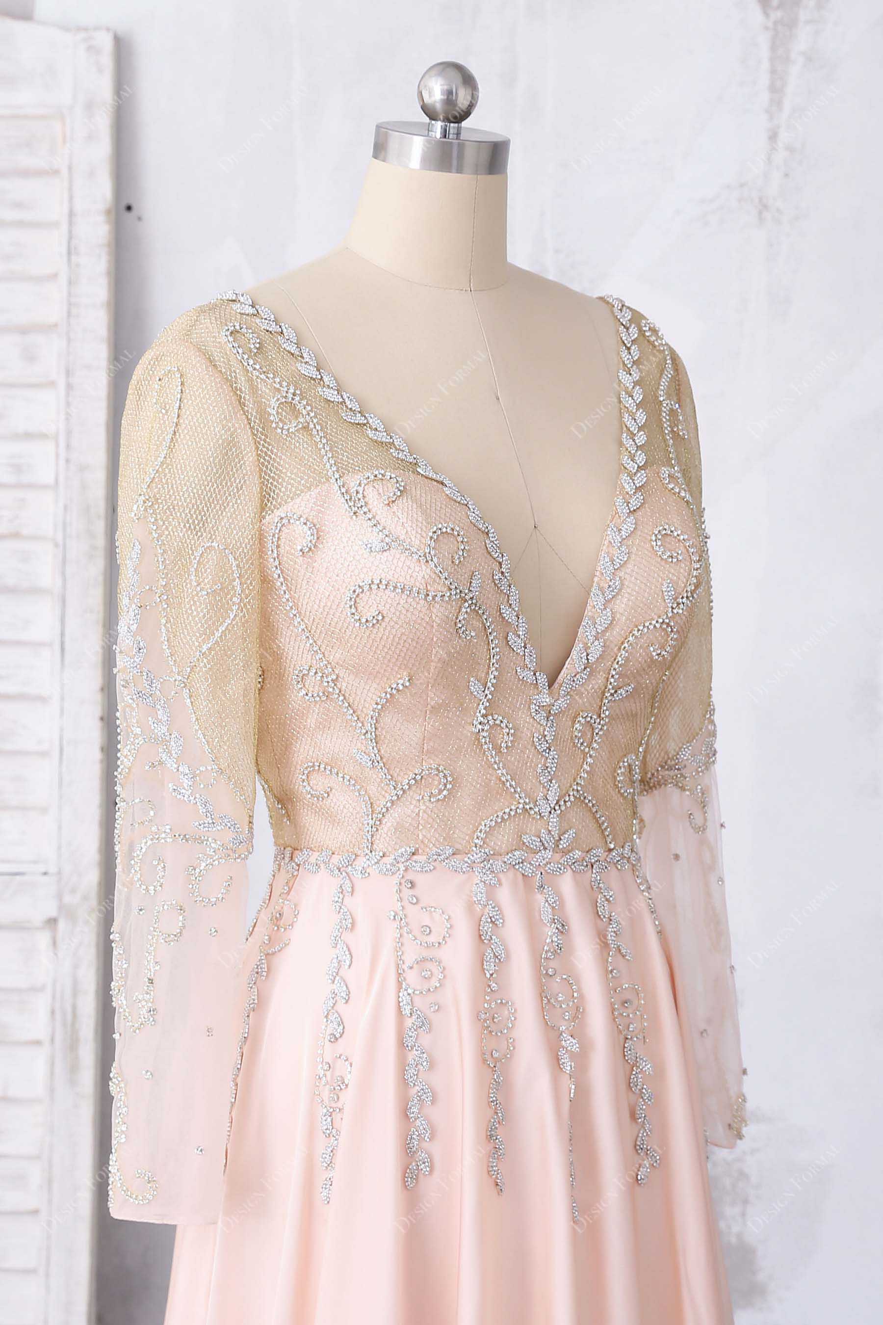 Sheer Long Sleeve Leaf Rhinestones Prom Dress