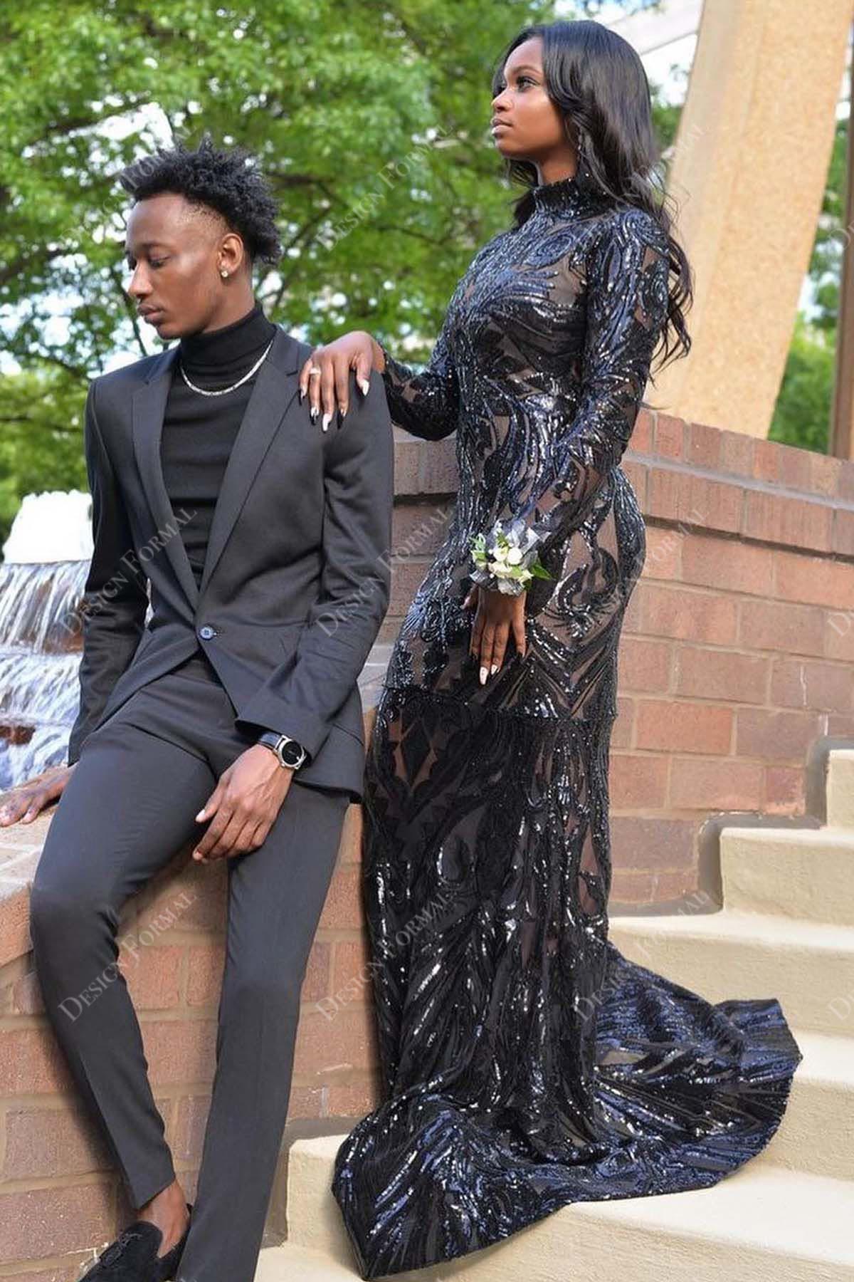 Black Sequin Turtle Neck Sleeved Mermaid Prom Dress