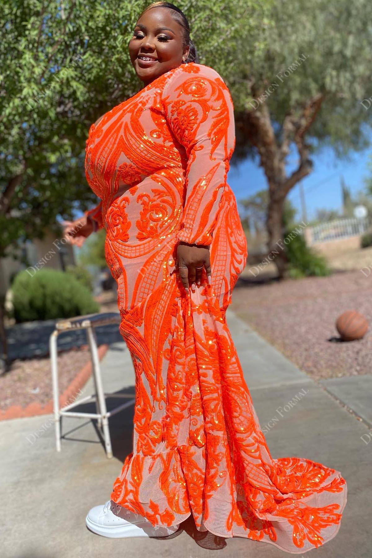 sheer long sleeves orange sequin mermaid prom dress