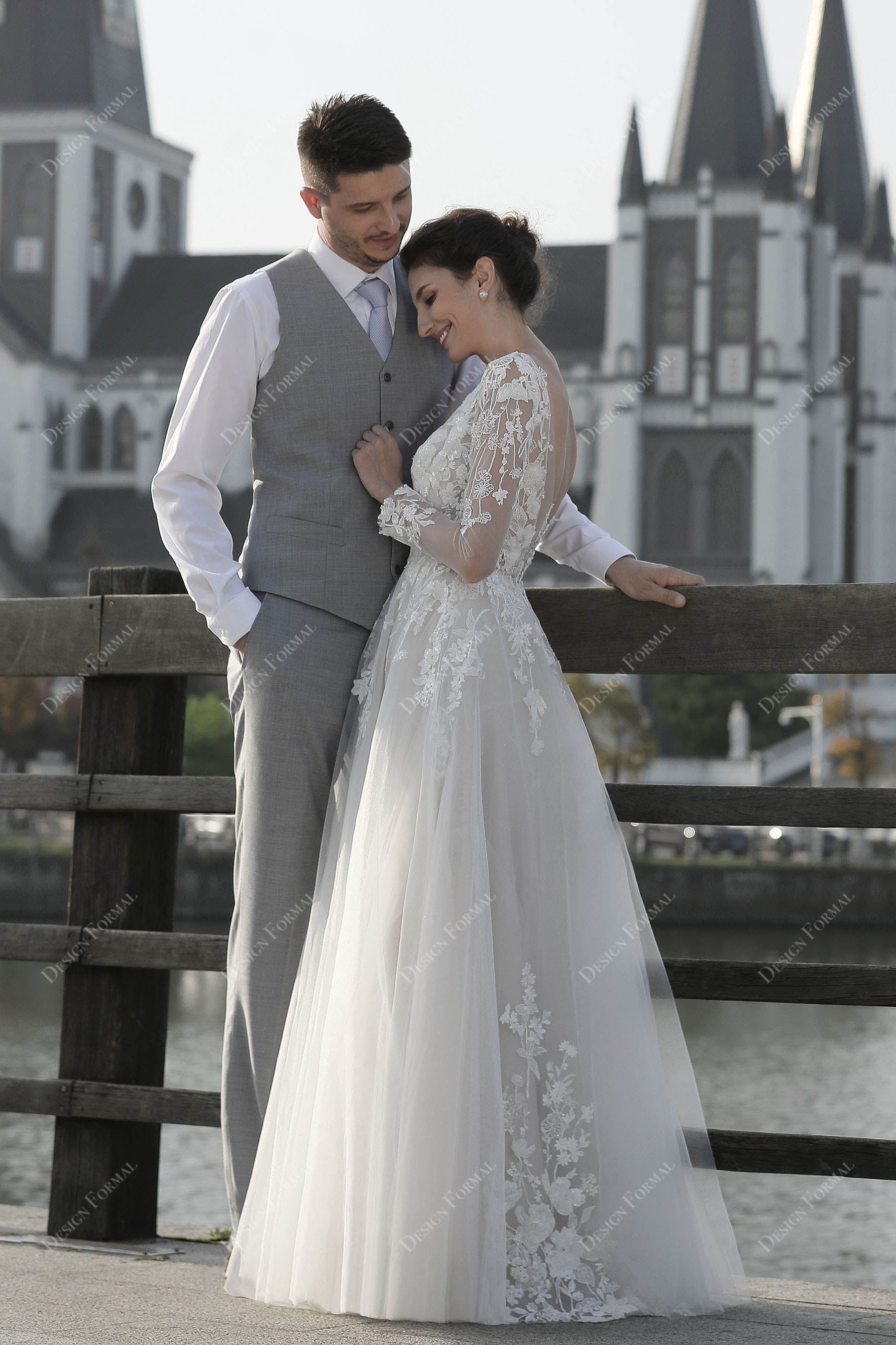 sheer long sleeves beach wedding gown