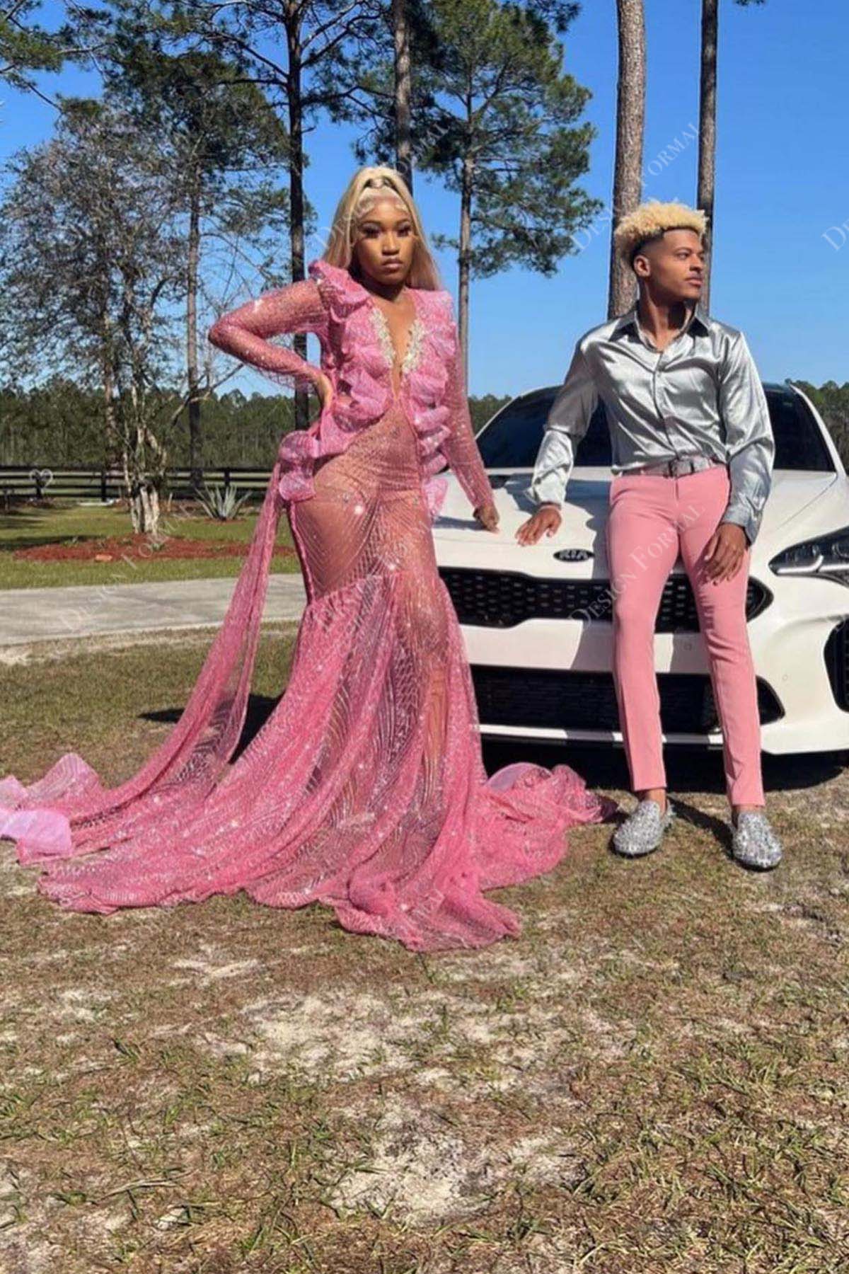 sexy sheer pinks sequin ruffled long train mermaid prom dress