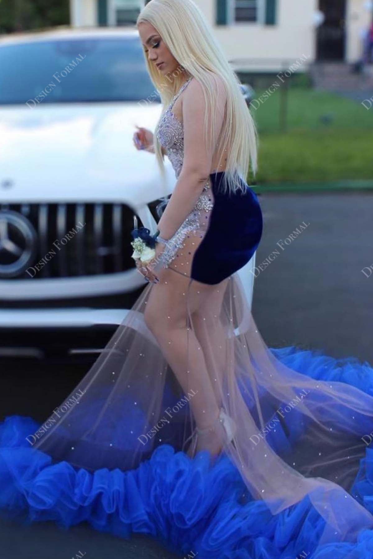 sheer sleeveless royal blue velvet ruffled tulle mermaid prom dress