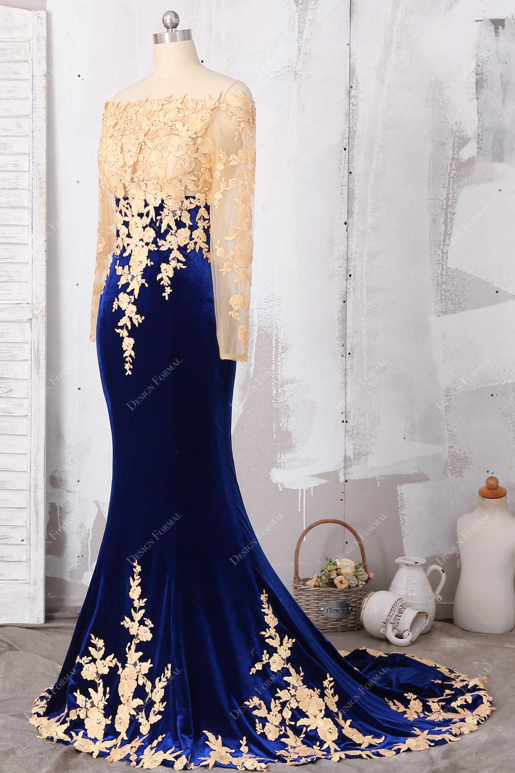 sheer sleeve gold lace blue velvet gown