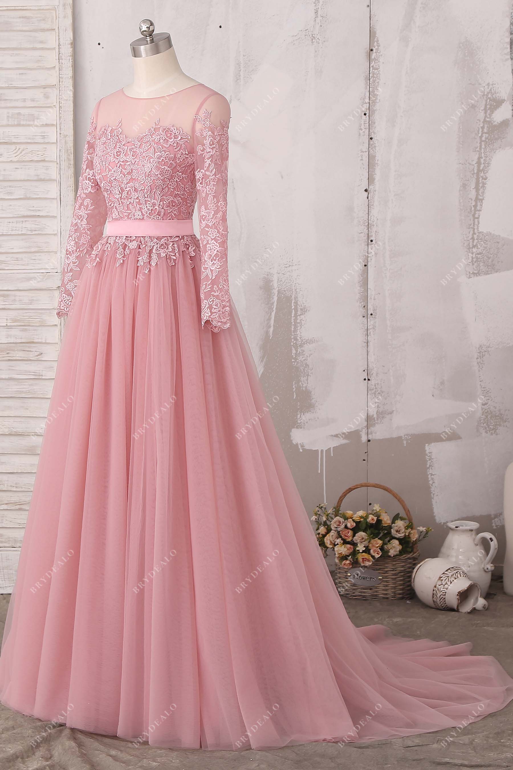 sheer sleeves lace sweep train A-line bridal gown