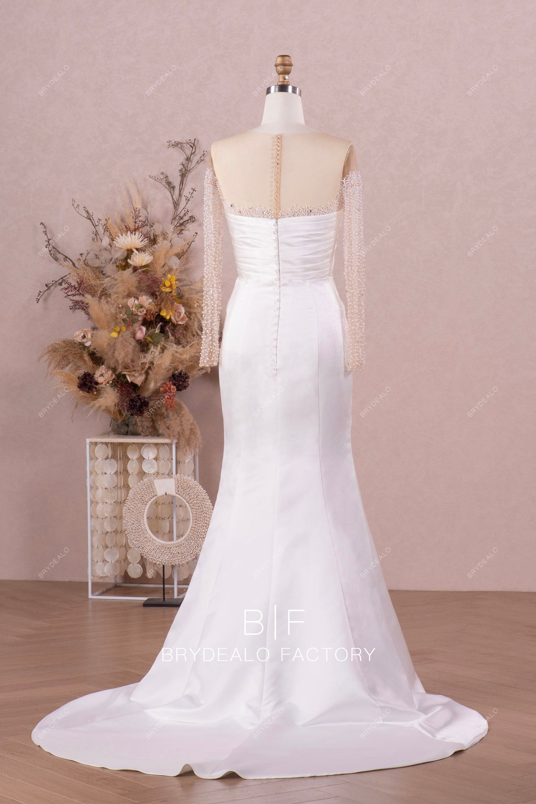 sheer sleeve satin mermaid bridal dress
