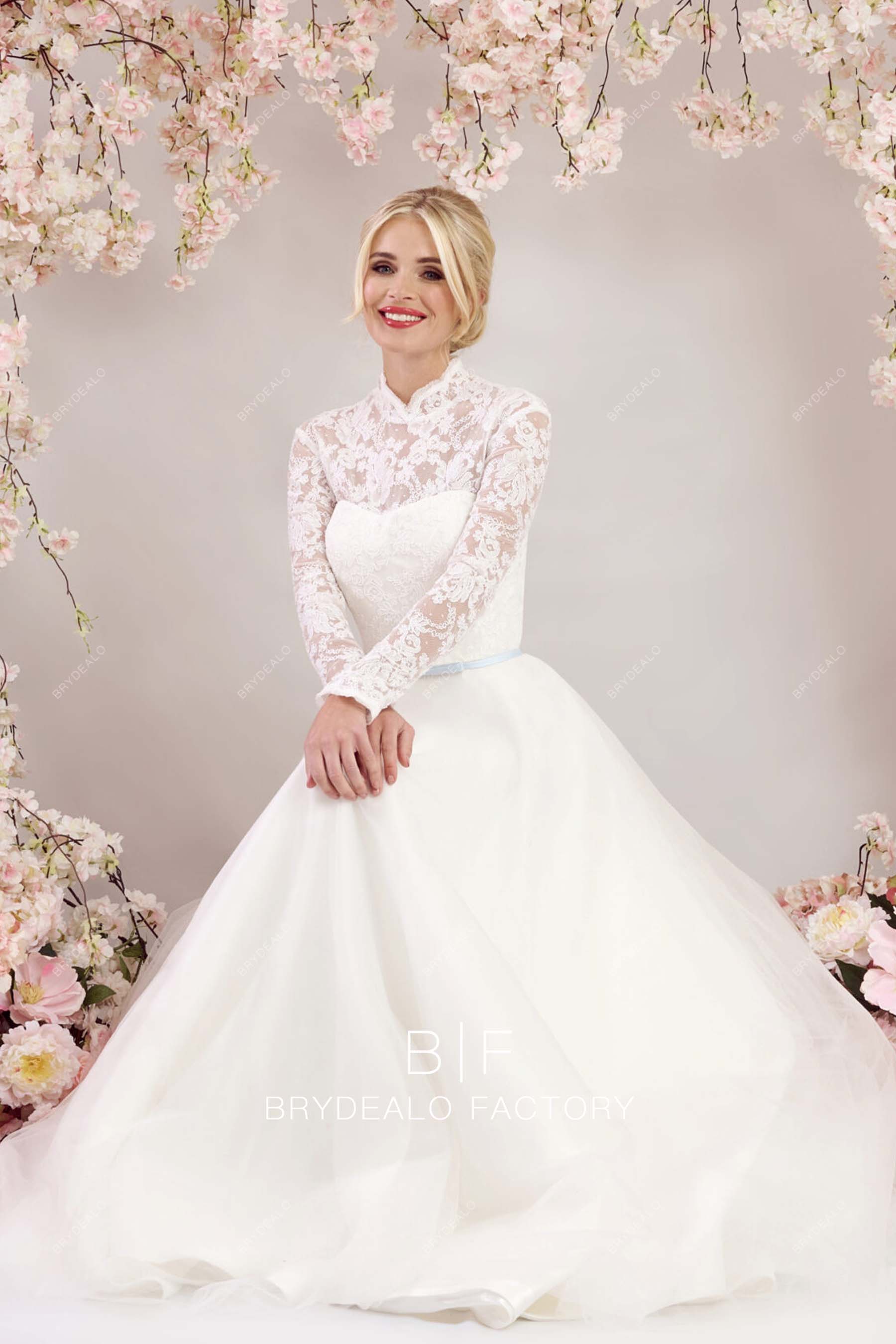 sheer sleeves Traditional lace wedding gown