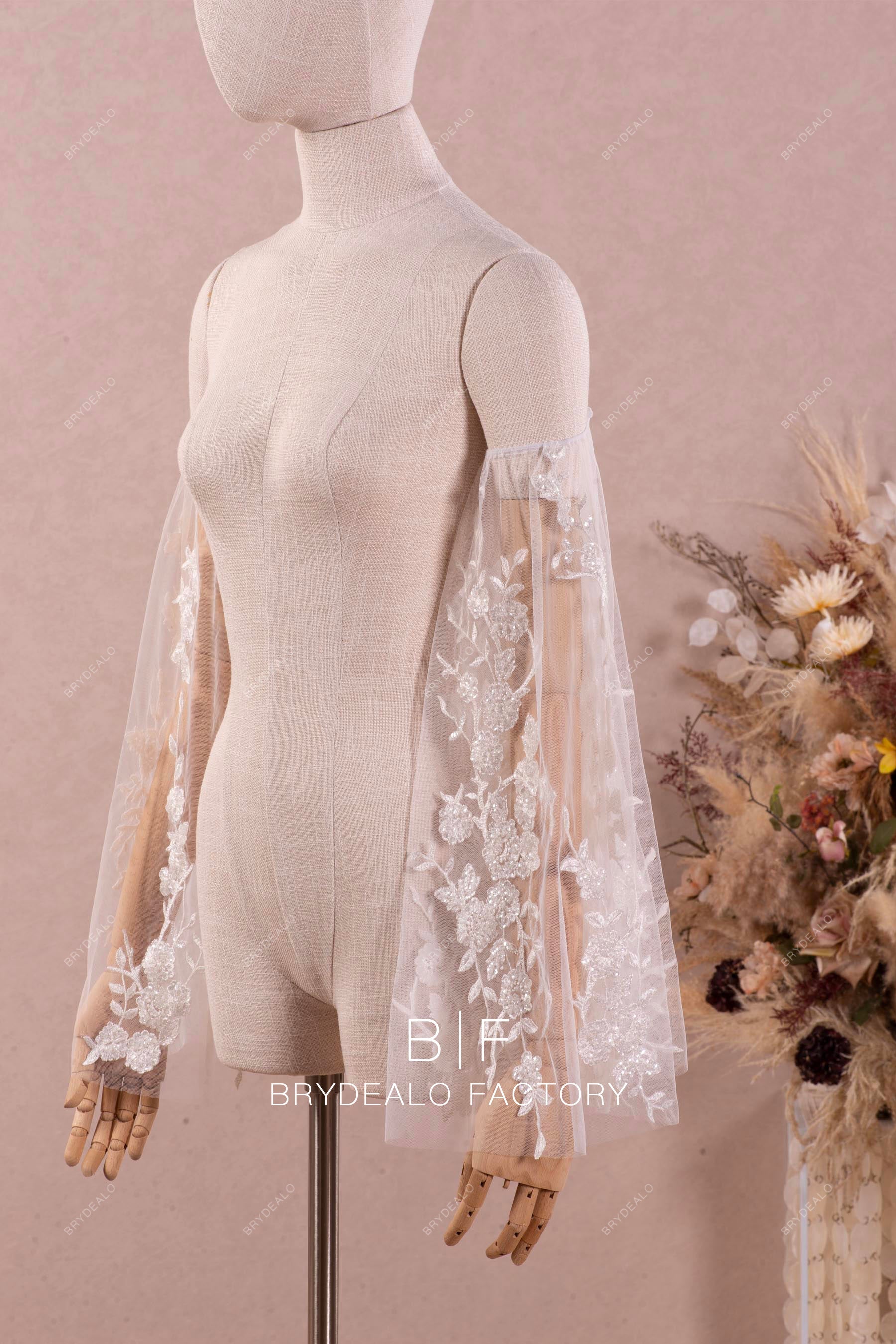 shimmery flower lace bridal bell sleeves for sale