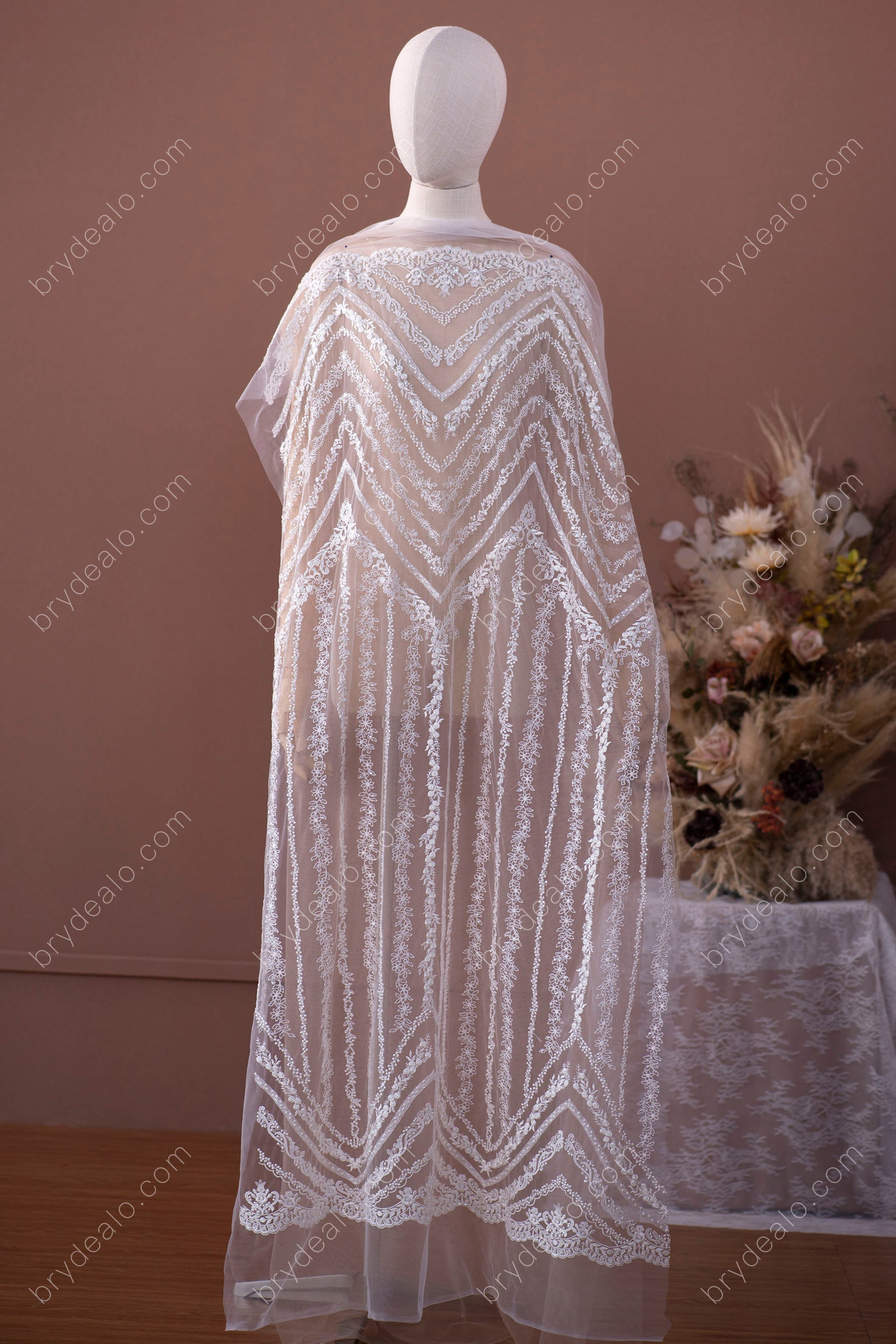 Shimmery Sequin Double Border Line Lace Fabric