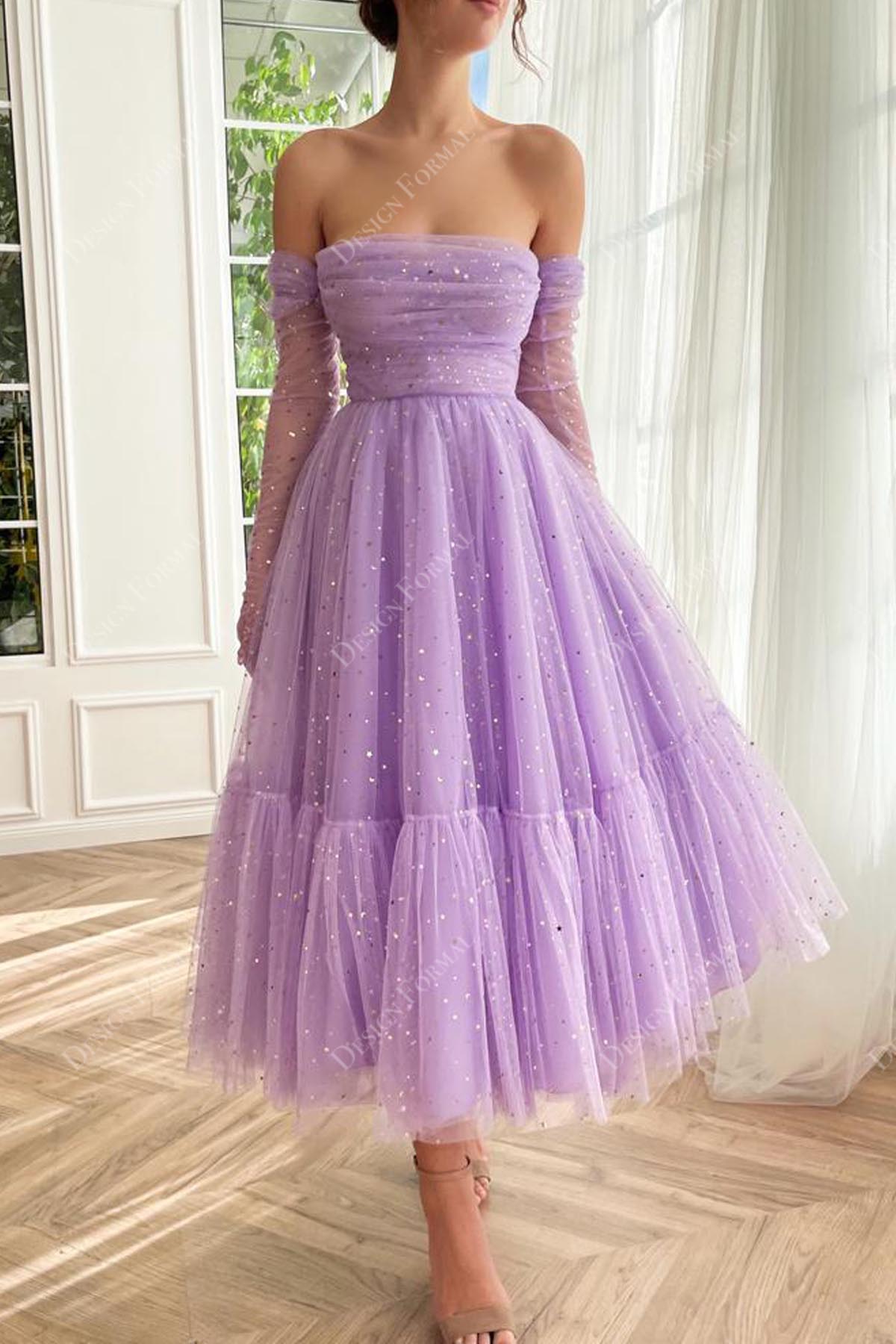 off shoulder lilac dress Perfect Shape Off Shoulder Mesh Midi Dress Lilac