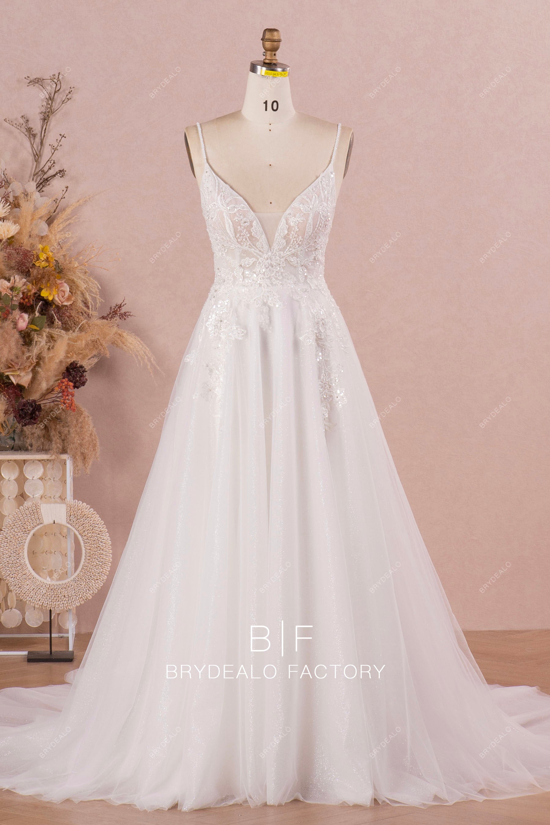 Sleeveless Deep Neck Stunning Lace Glitter Designer Bridal Ball Gown