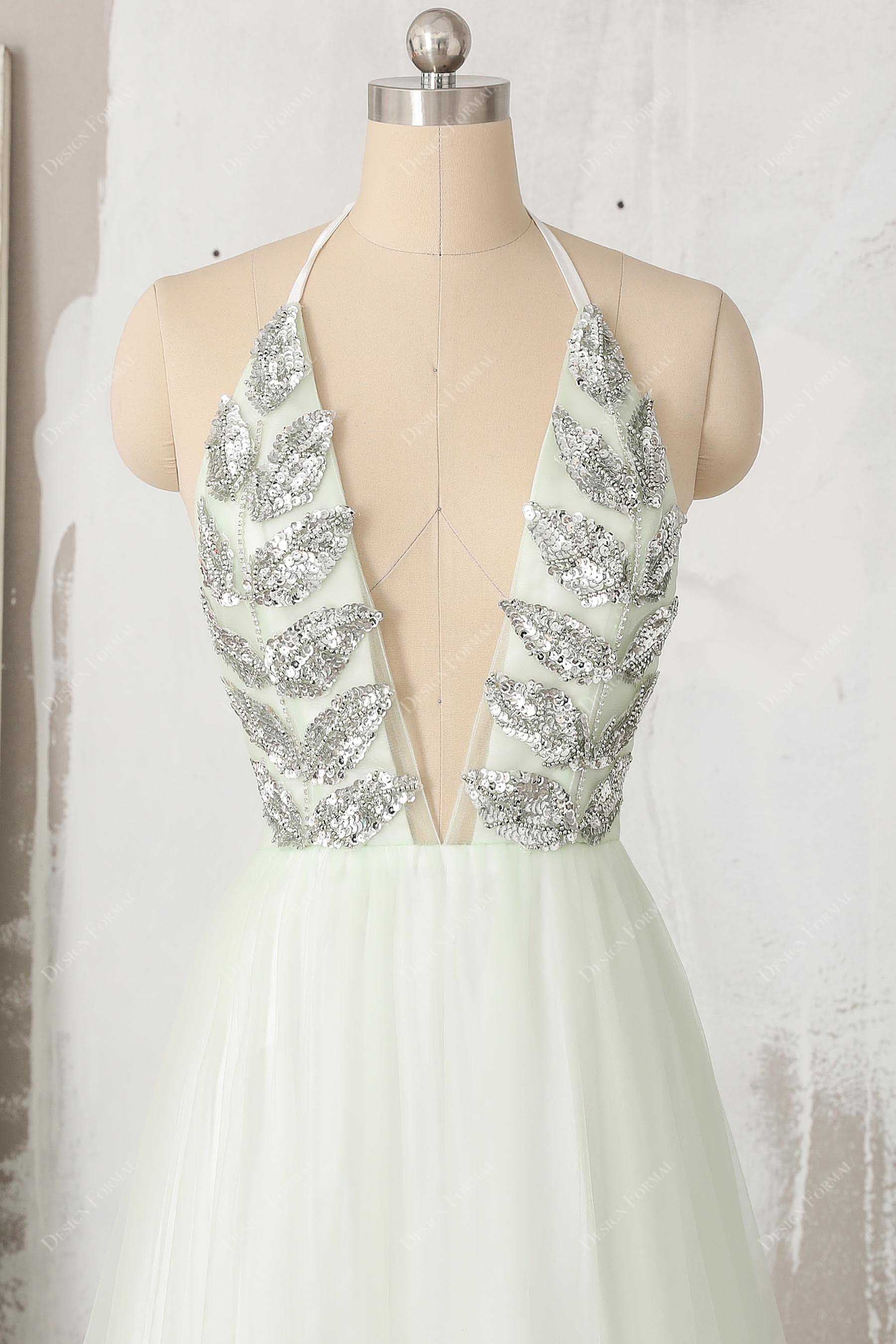 shiny leaves halter plunging neck bodice