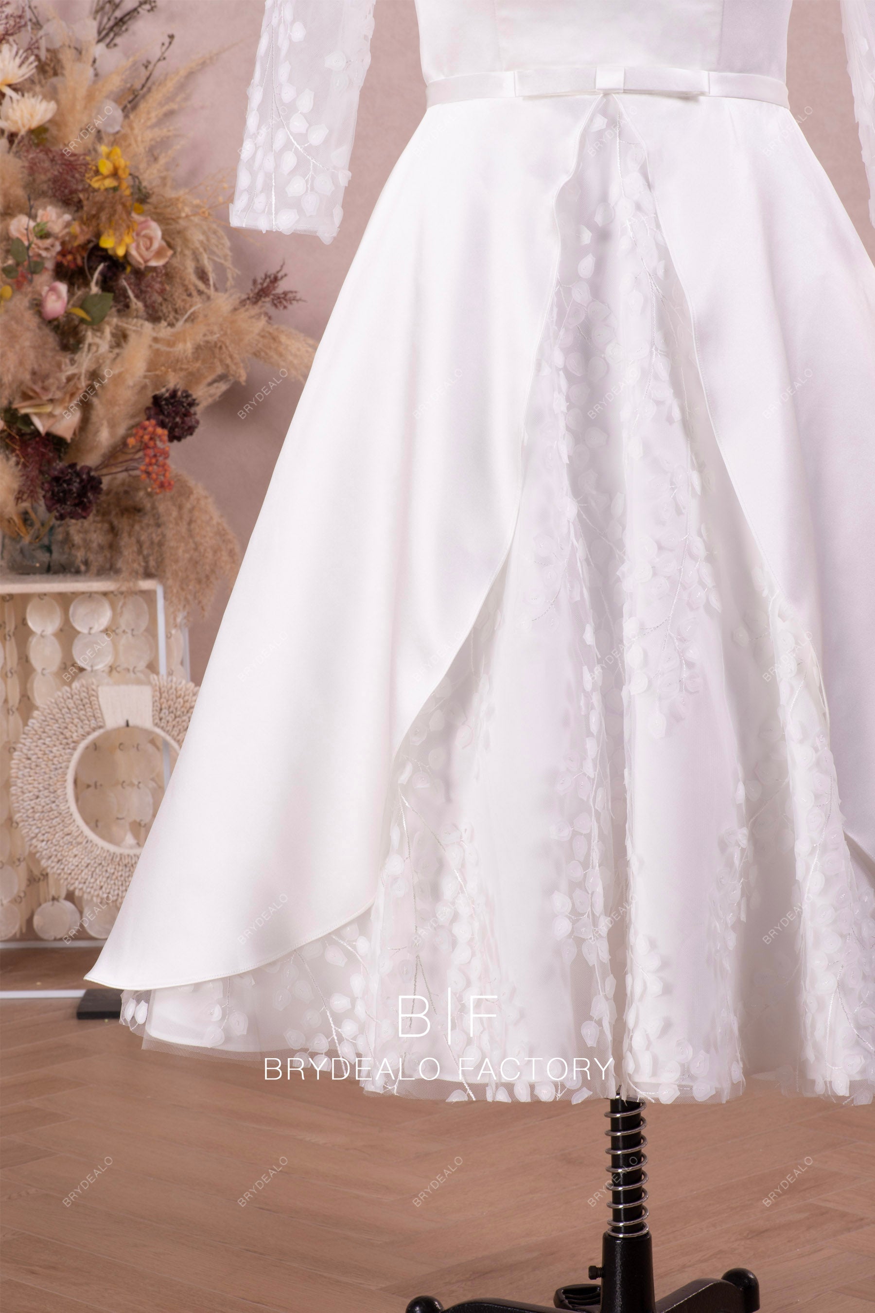 white tea length A-line wedding dress