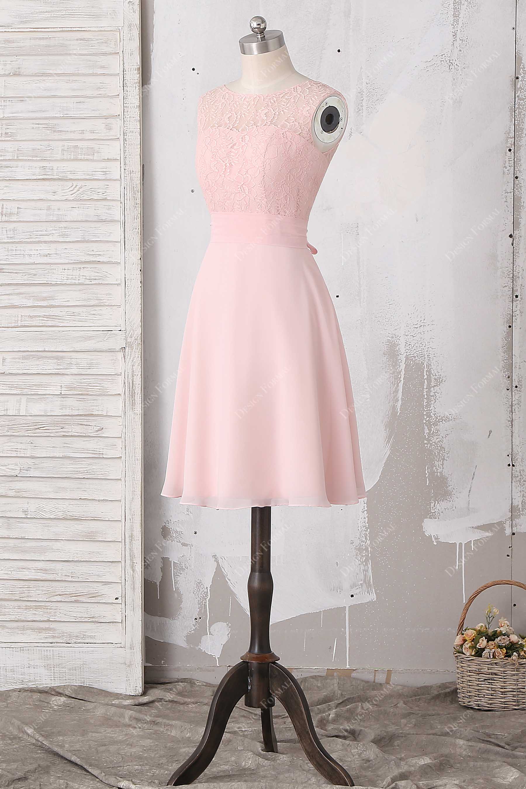 short sleeveless illusion neck bridesmaid dress