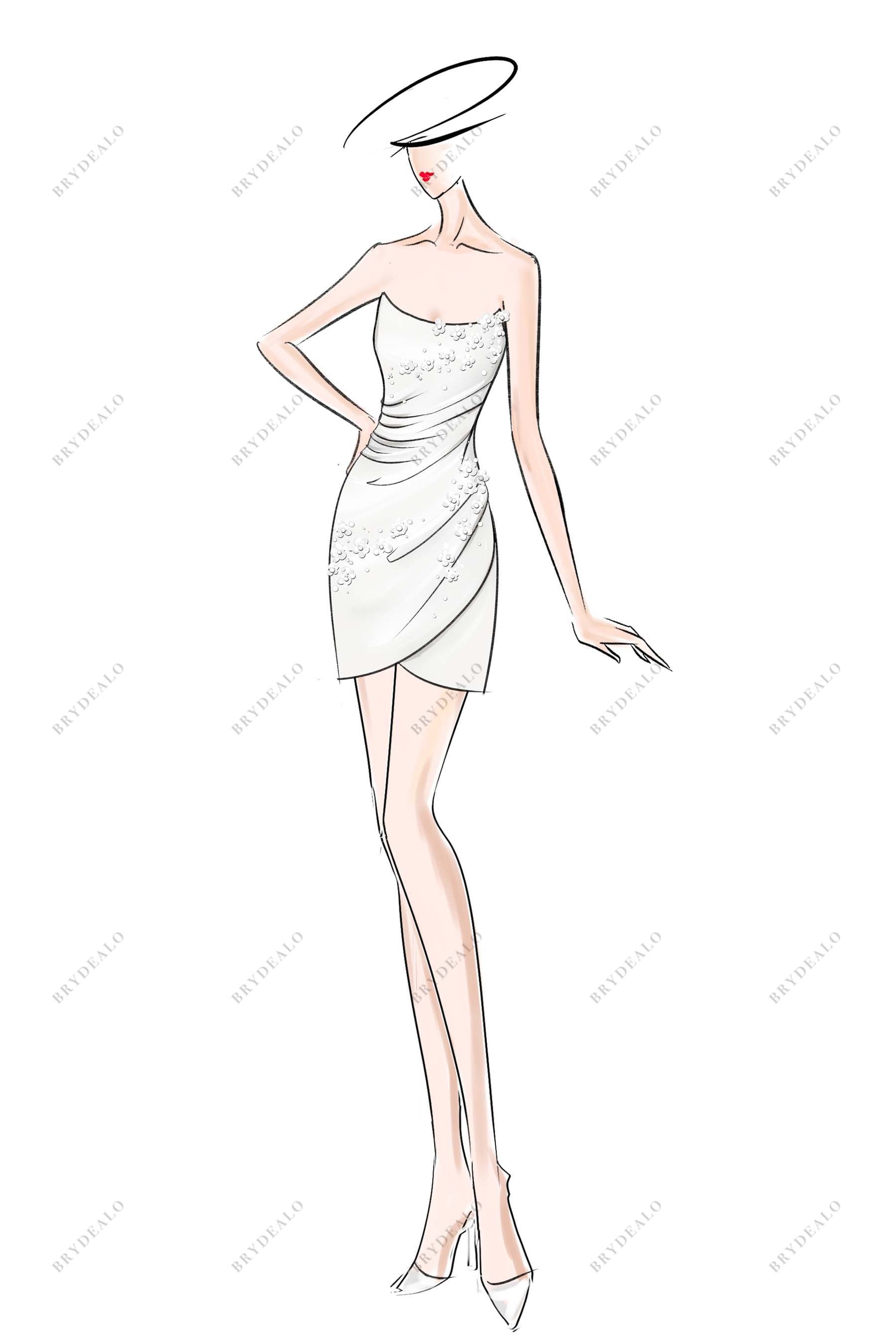 Short Strapless Crepe Bodycon Designer Bridal Shower Dress Sketch