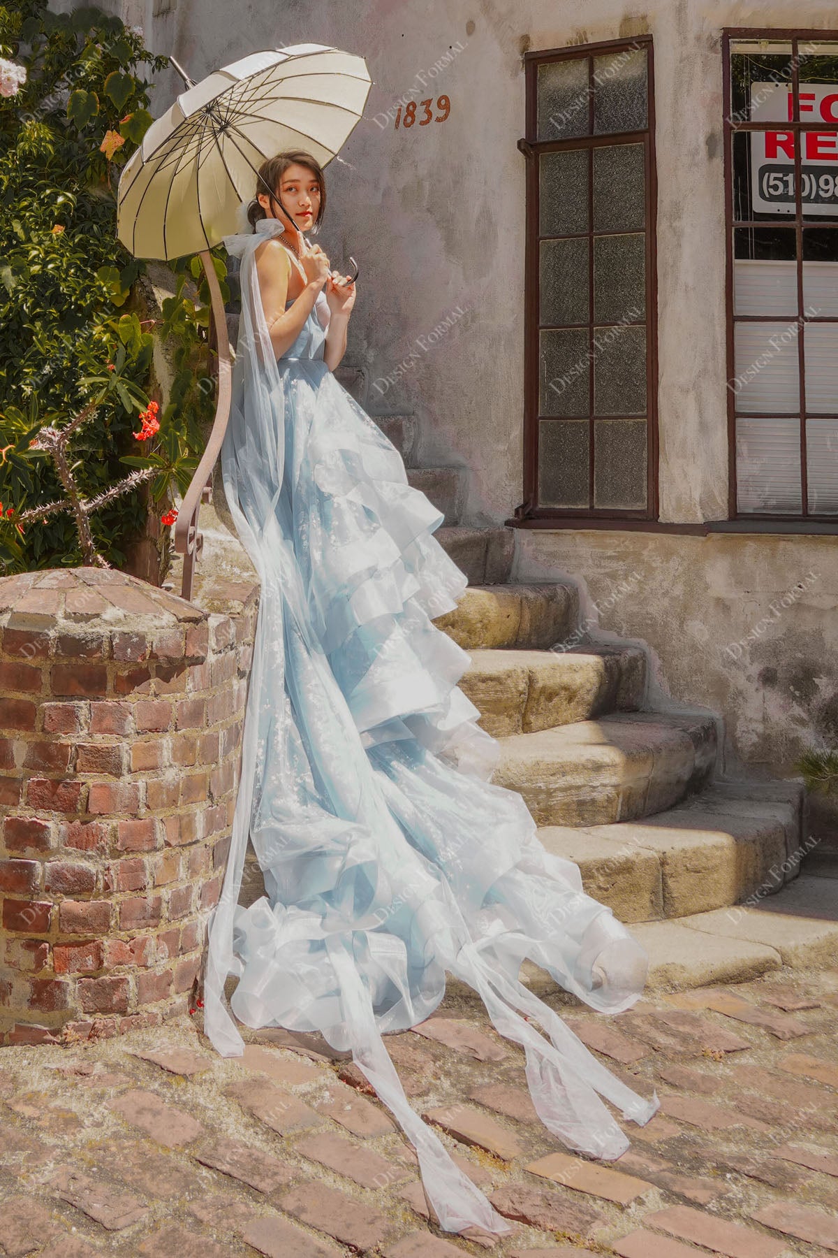 shoulder streamers design formal tiered prom gown