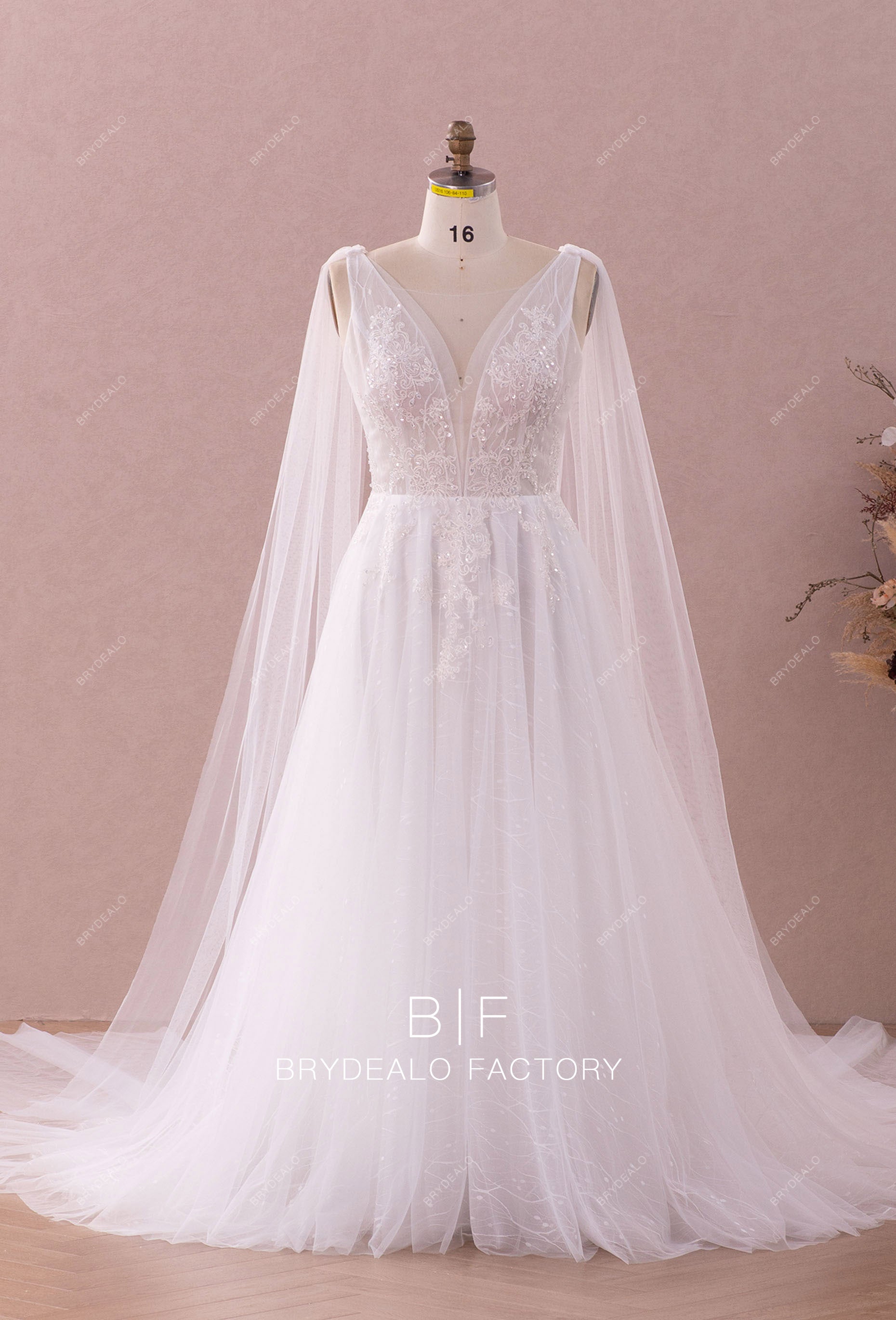 Beaded Lace V-Neck A-Line Spring Fall Watteau Train Wedding Dress