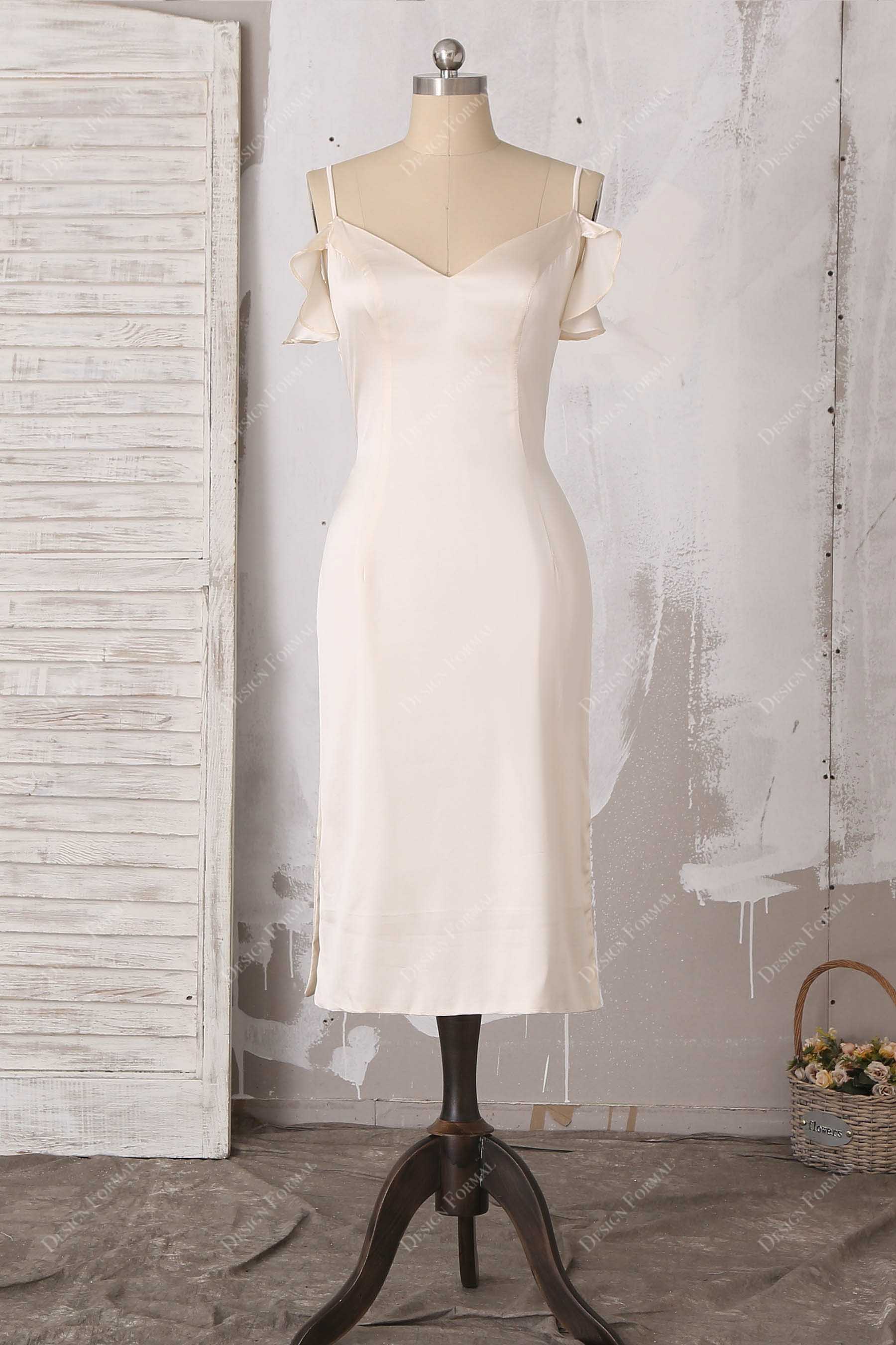 Champagne Silk Ruffled Cold Shoulder Tea Length Bridal Evening Dress, Champagne