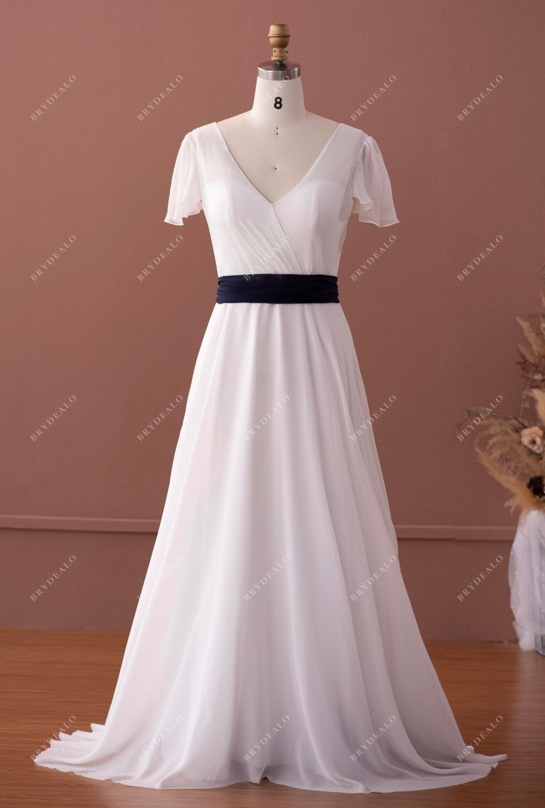 Silk Georgette Flutter Sleeve Beach A-line Wedding Dress Navy Sash, Gold Silk Georgette Flutter Sleeve Beach A-line Wedding Dress Navy Sash, Gold