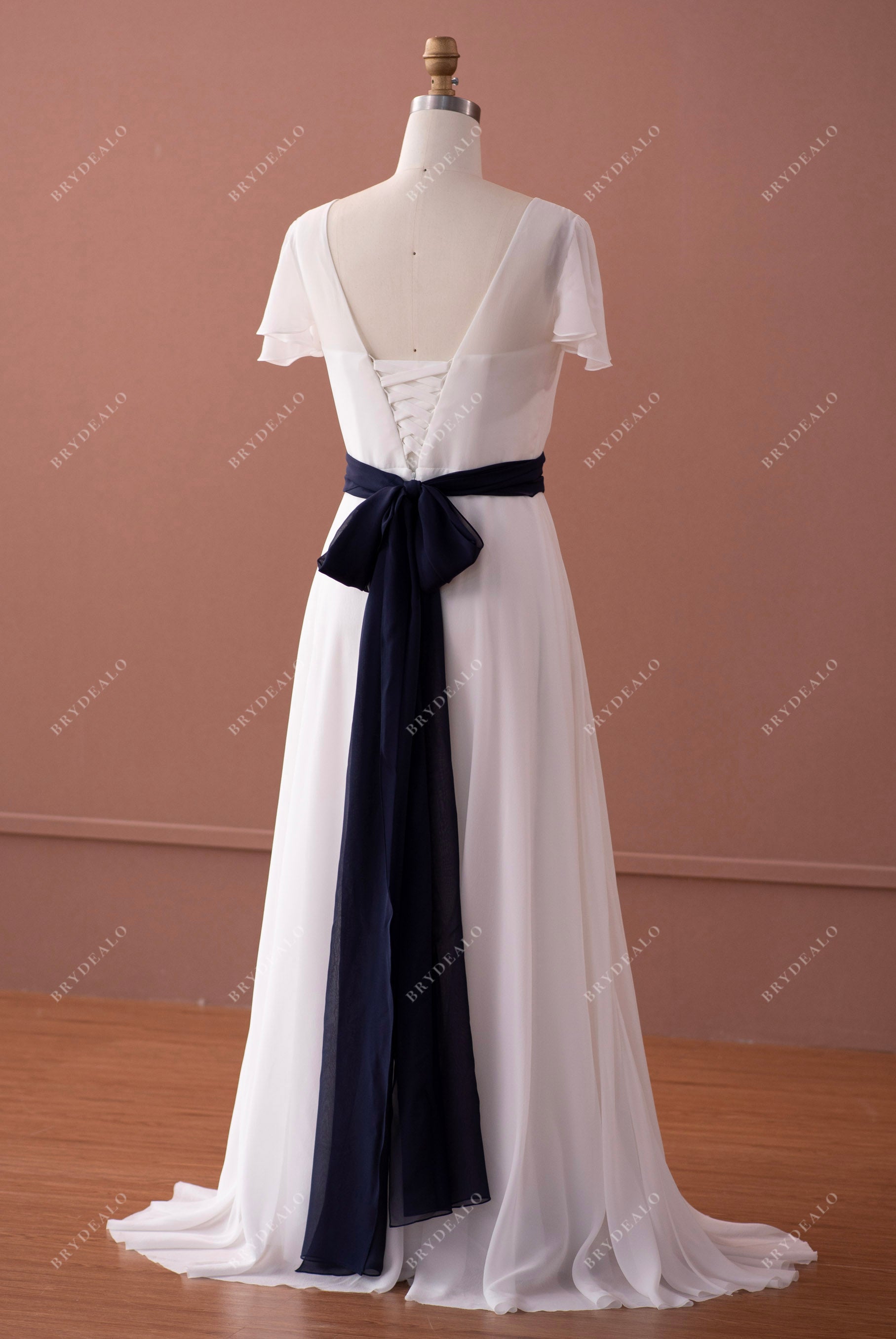 lace up back navy sash summer wedding dress