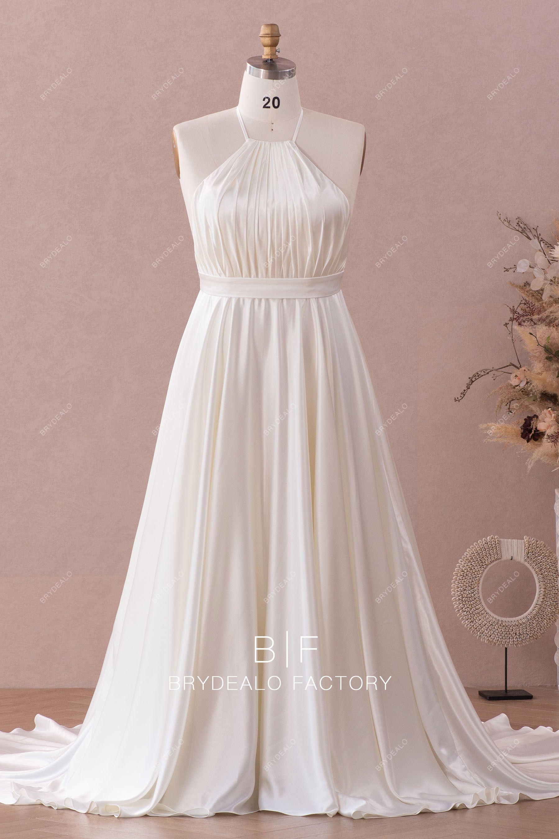 Ivory Silky Satin Plus Size Simple Halter Open Back Wedding Dress, Gold Ivory Silky Satin Plus Size Simple Halter Open Back Wedding Dress, Gold