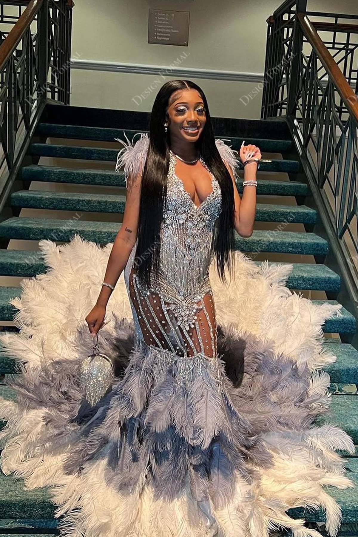 silver beaded tassels feathers trumpet prom gown