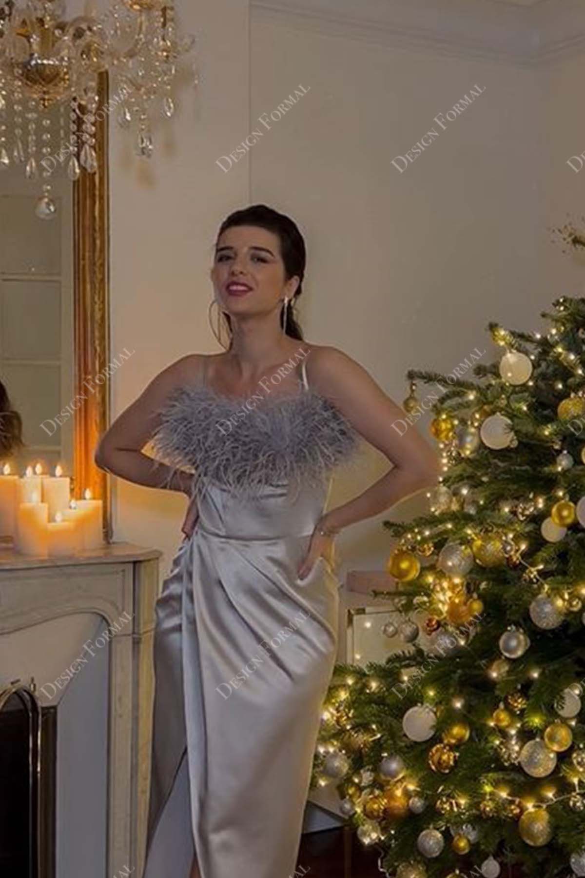 silver grey feather satin thin straps prom dress