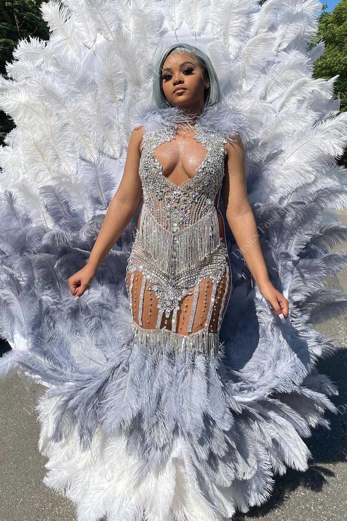 Silver Plunging Beaded Tassels Feathers Handmade Prom Dress Silver Plunging Beaded Tassels Feathers Handmade Prom Dress