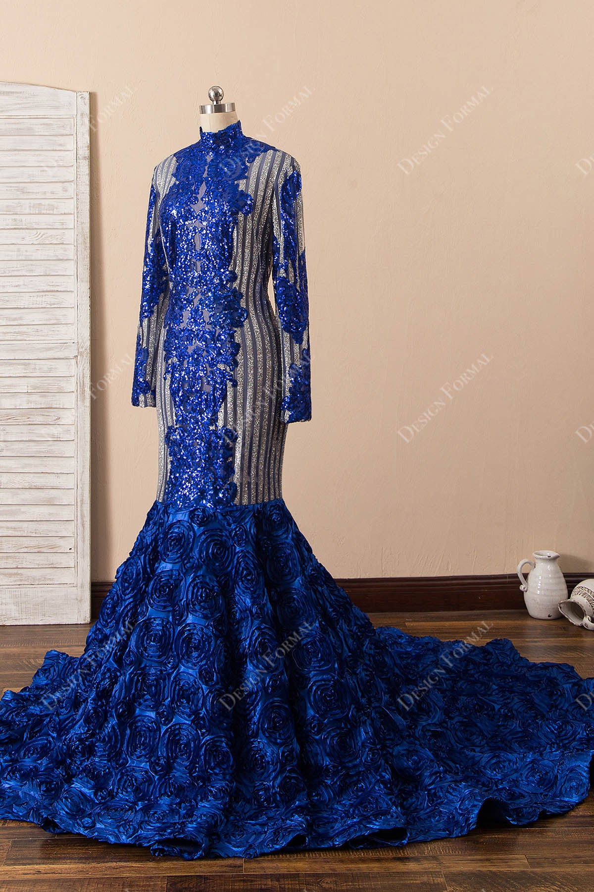 silver glitter blue 3D flowers trumpet dress