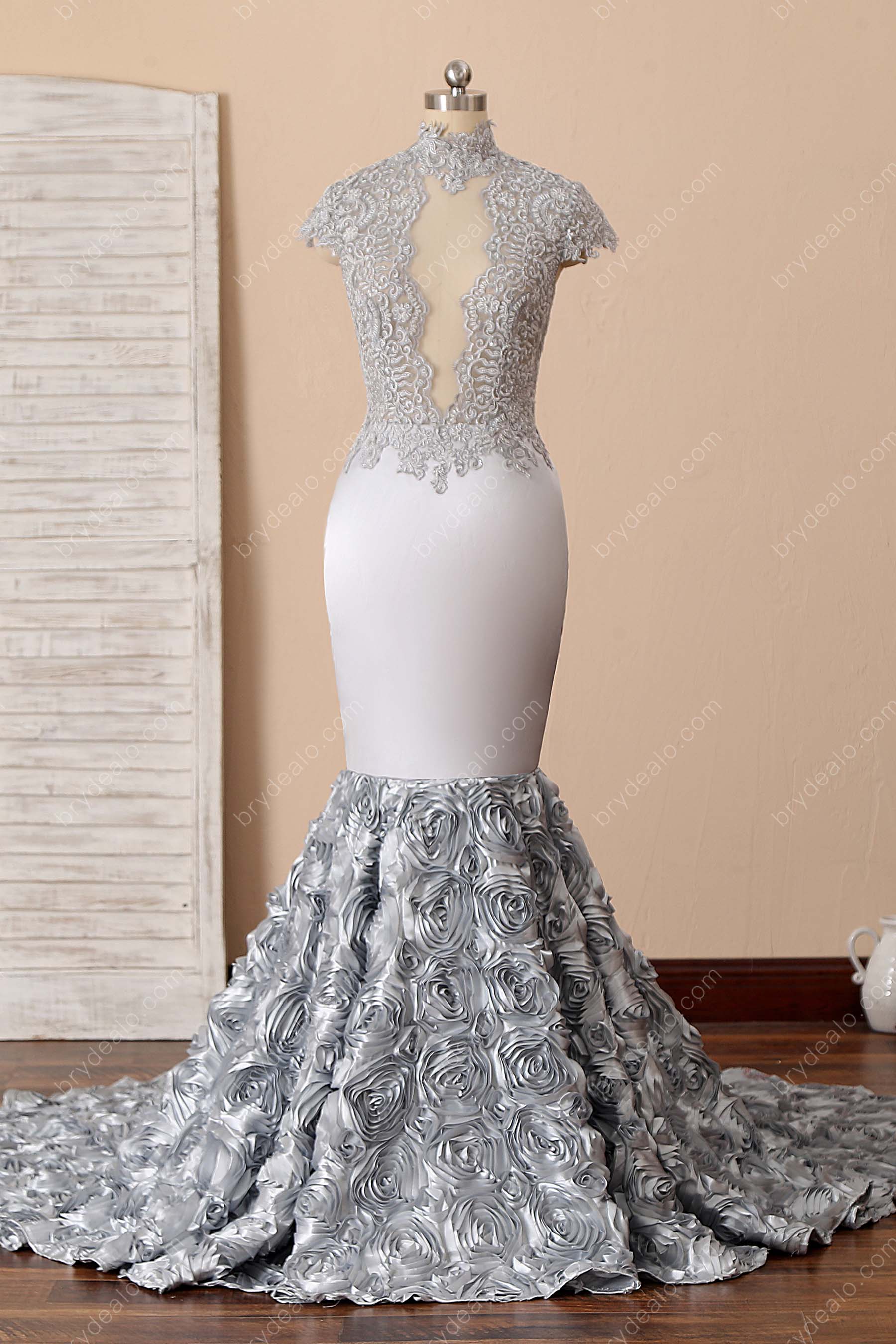 Silver Lace Sexy Keyhole High-neck Mermaid Rose Prom Dress Silver Lace Sexy Keyhole High-neck Mermaid Rose Prom Dress
