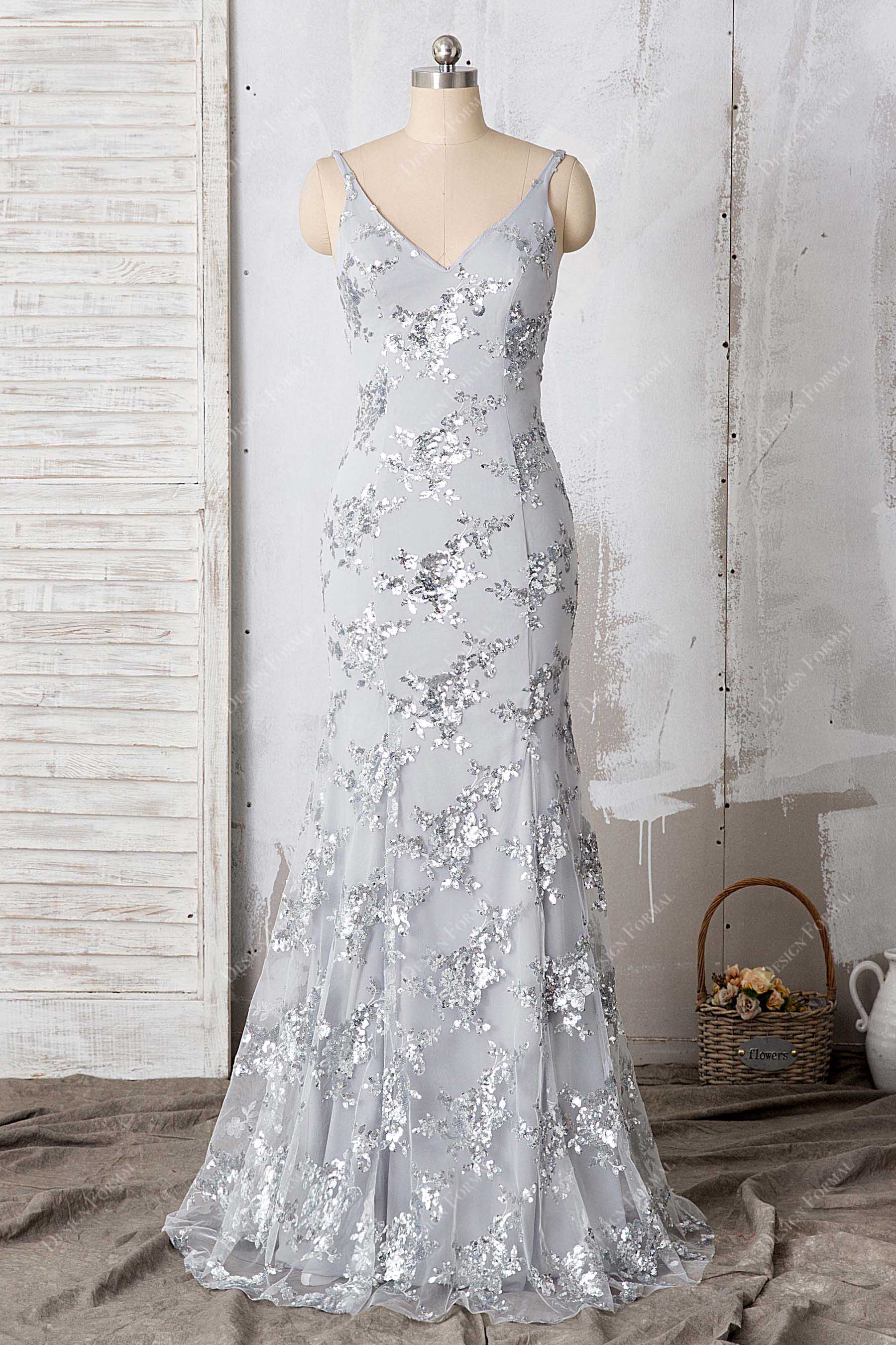 Sparkly Silver Floral Sequin Gray Sexy Open Back Mermaid Prom Gown Sparkly Silver Floral Sequin Gray Sexy Open Back Mermaid Prom Gown