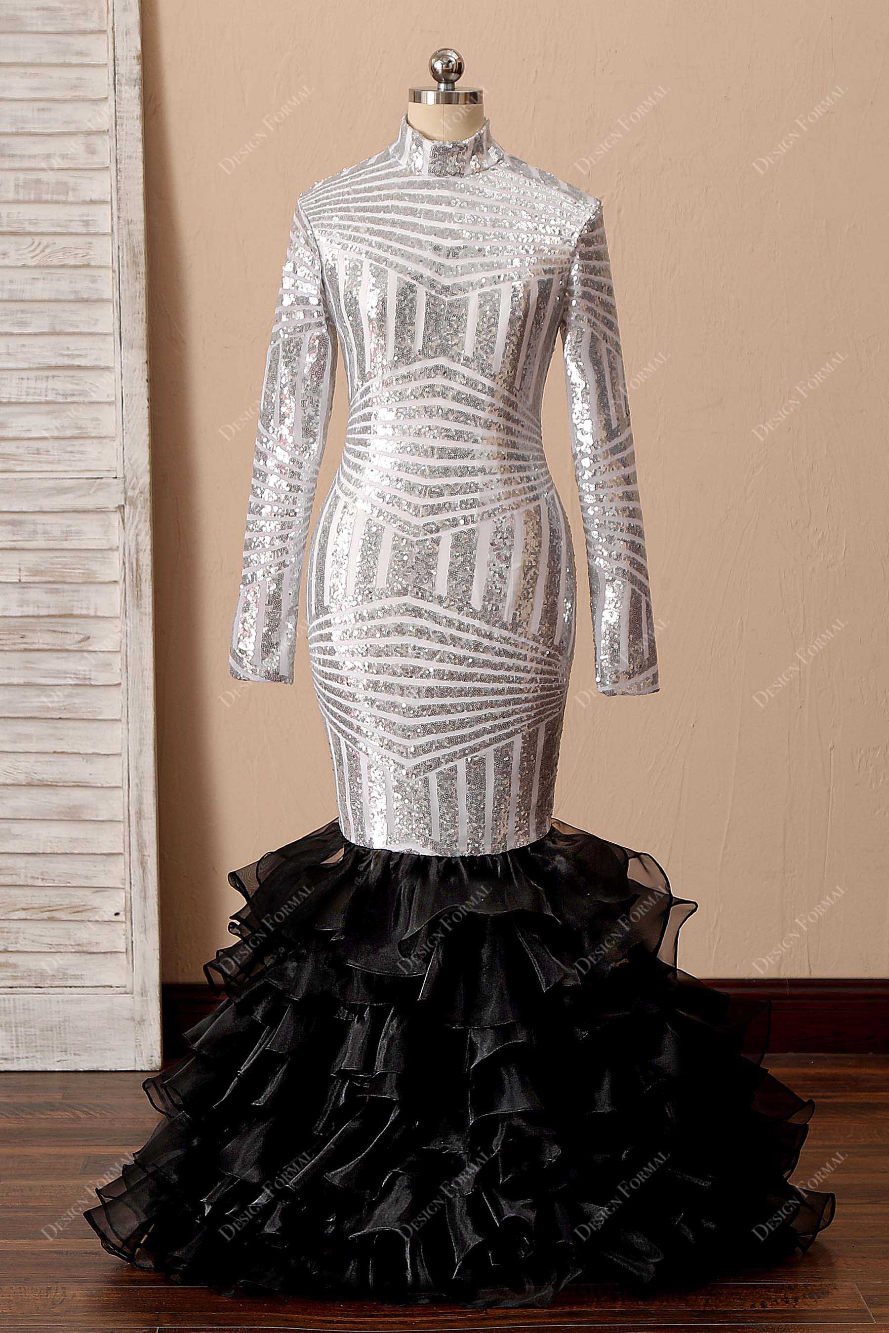 Silver Sequin Black Ruffled Organza Unique Two-Tone Prom Dress Silver Sequin Black Ruffled Organza Unique Two-Tone Prom Dress