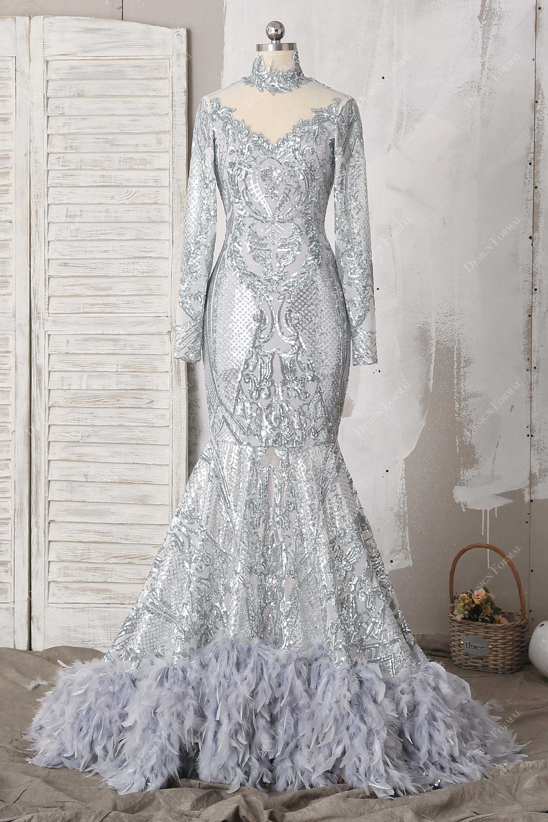 silver sequin feathers illusion neck mermaid dress