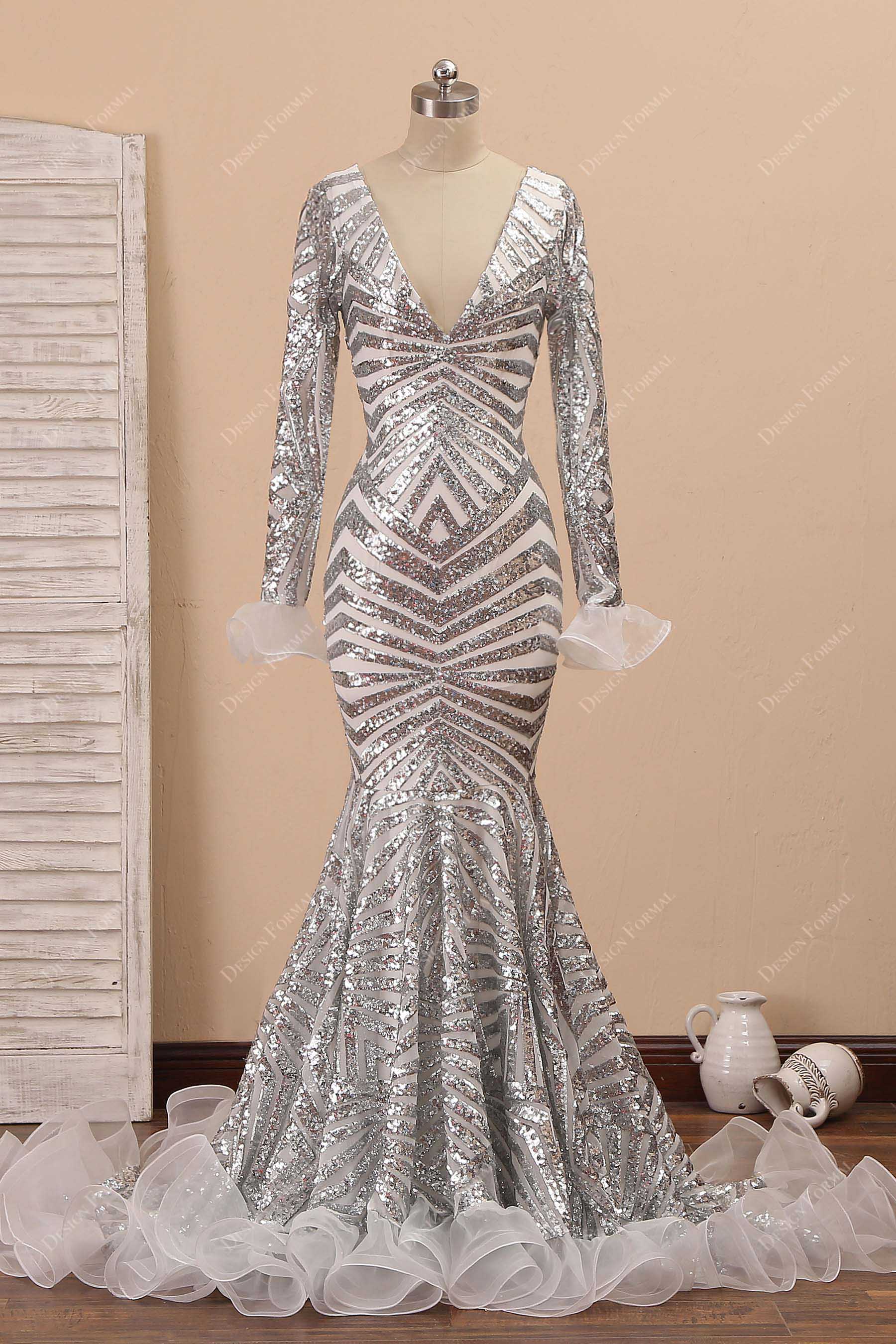 Silver Spider Web Sequin with Ruffled Trim Unique Mermaid Dress Silver Spider Web Sequin with Ruffled Trim Unique Mermaid Dress