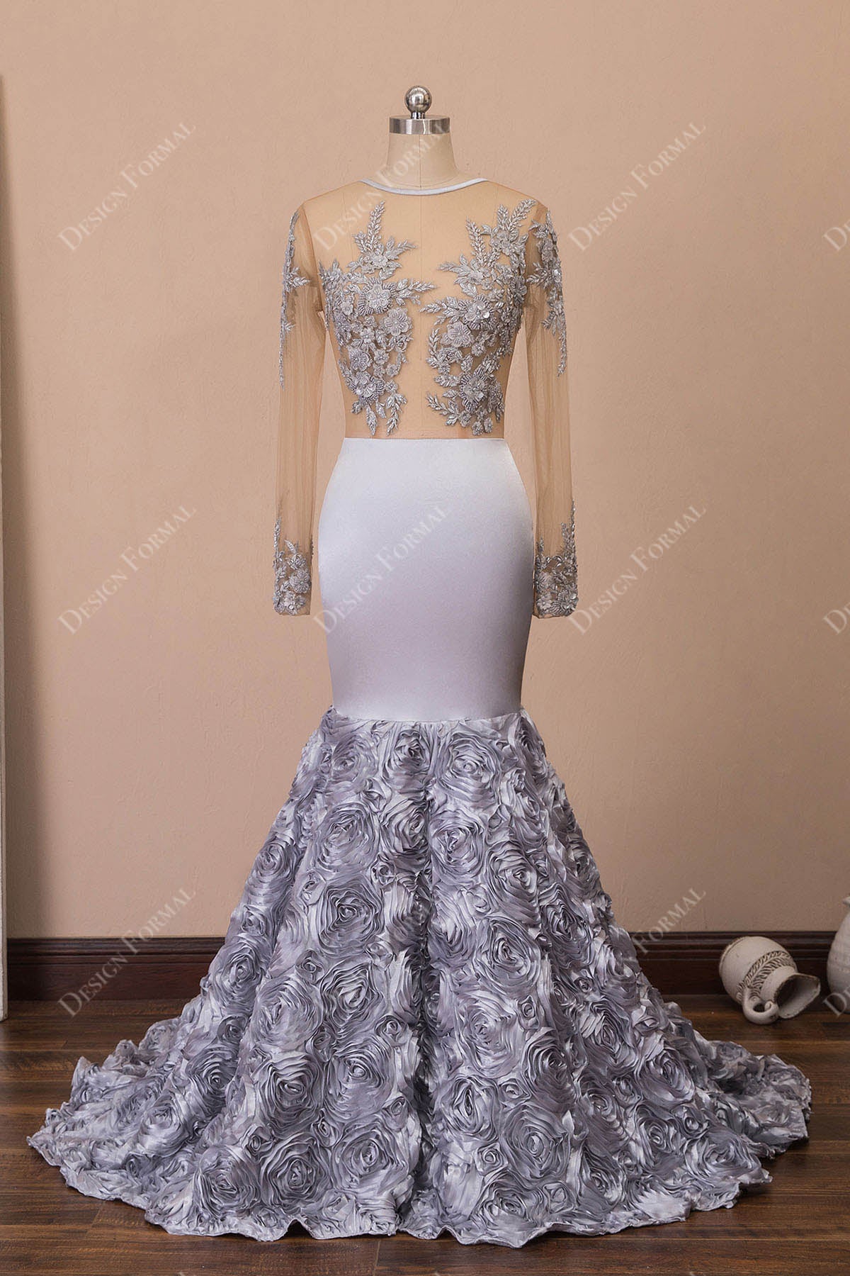 Silver Beaded Sleeve Dramatic 3D Rosettes Mermaid Prom Dress