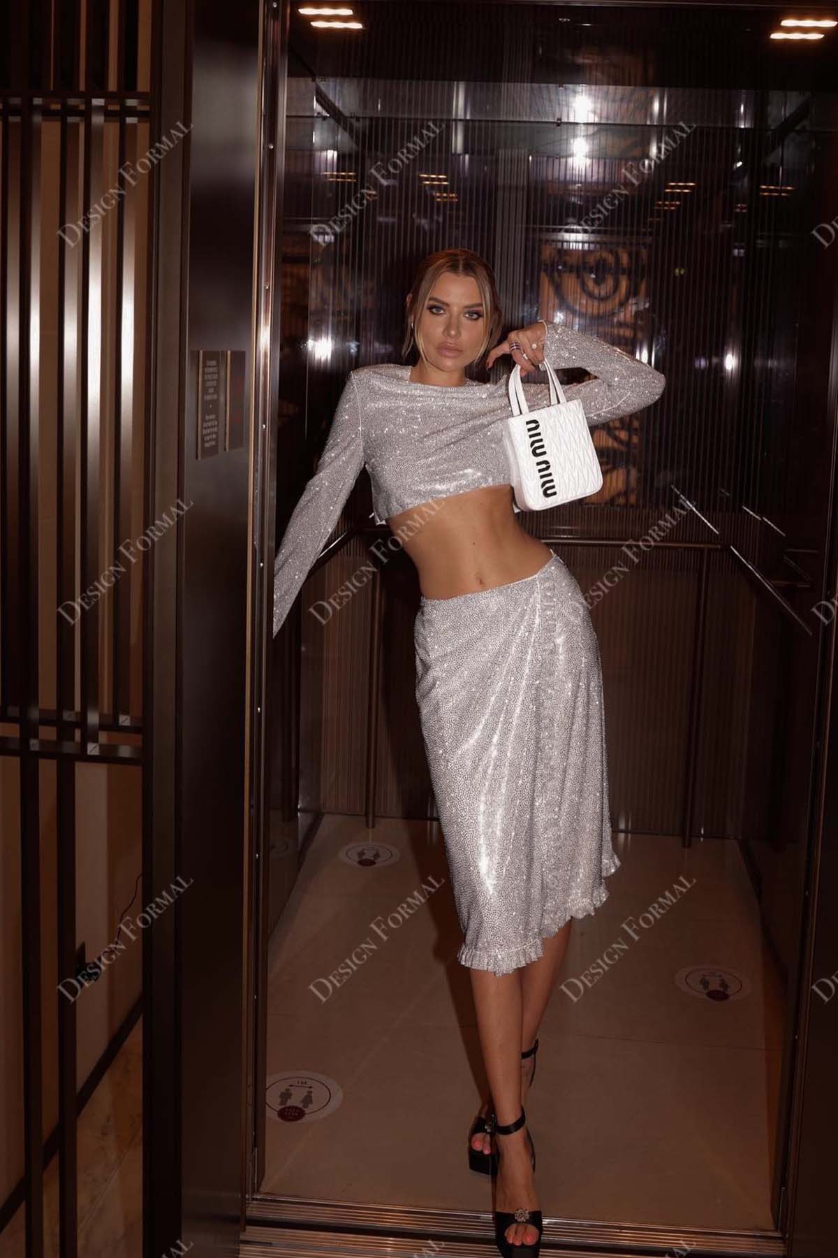 Silver Glitter Two-piece Long Sleeves Knee Length Tailor Made Prom Dress Silver Glitter Two-piece Long Sleeves Knee Length Tailor Made Prom Dress