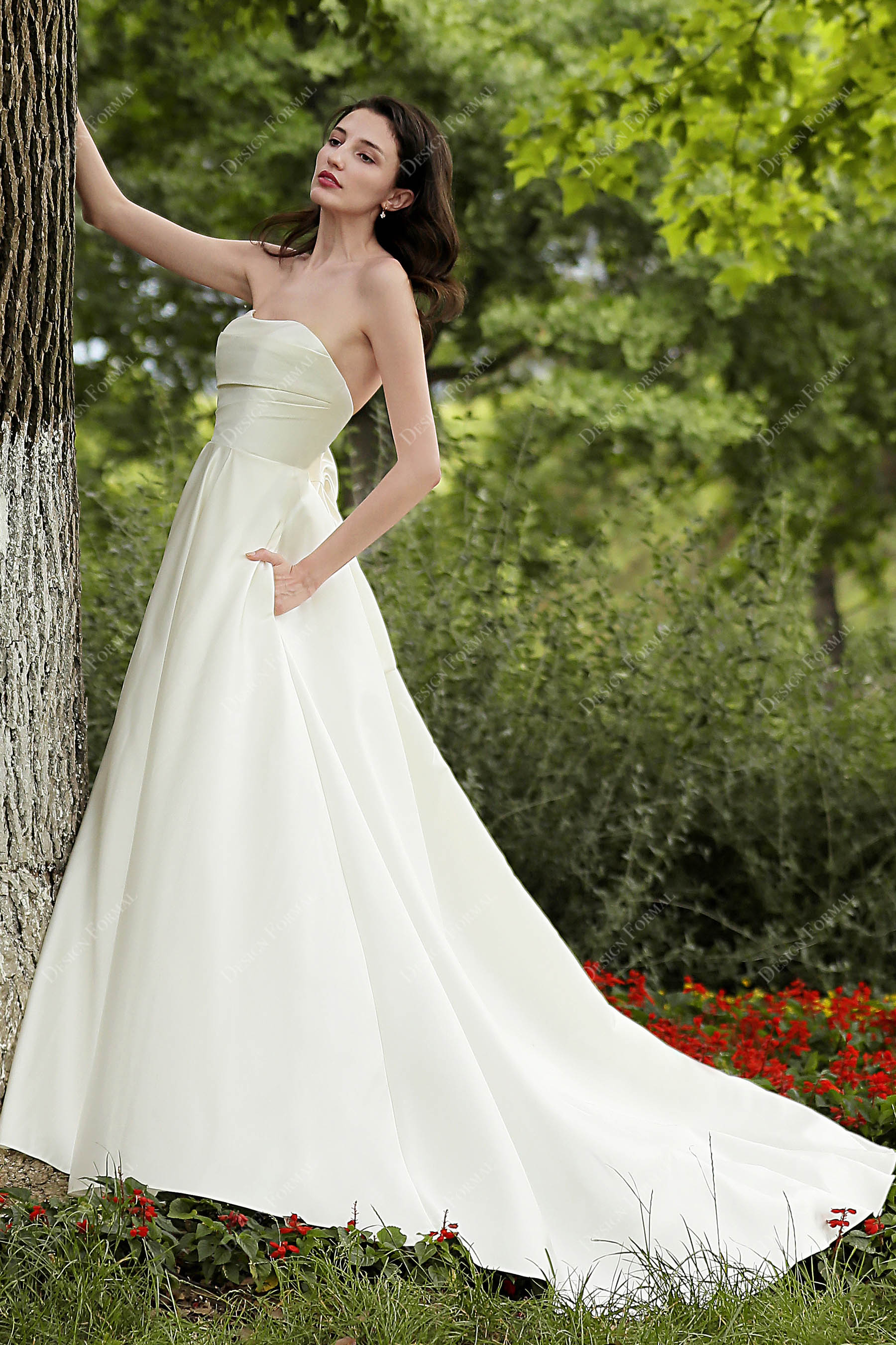 Simple Satin Court Train Wedding Dress with Pockets