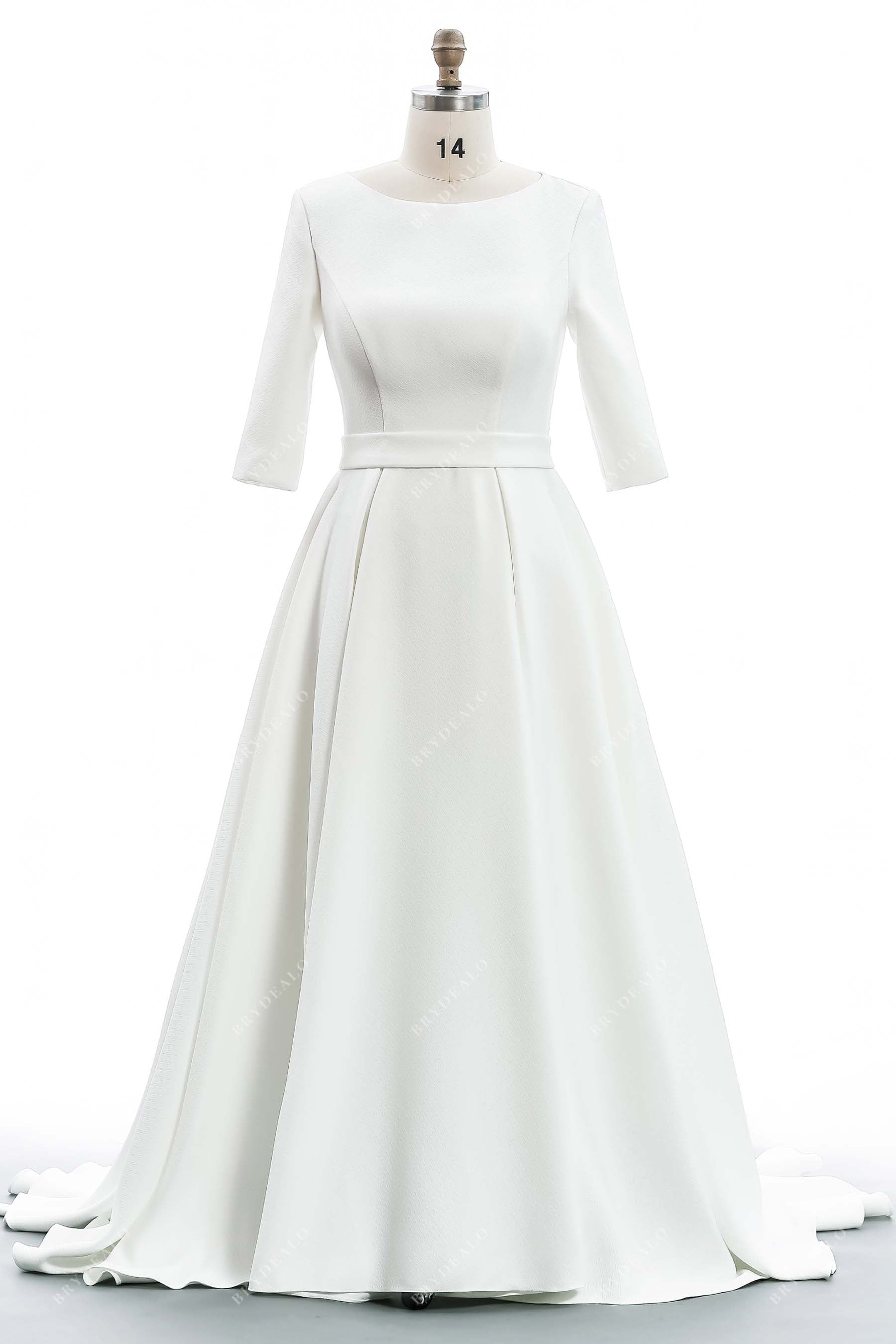 Simple Boat Neck 3/4 Sleeve Designed Satin Modest Wedding Dress Simple Boat Neck 3/4 Sleeve Designed Satin Modest Wedding Dress