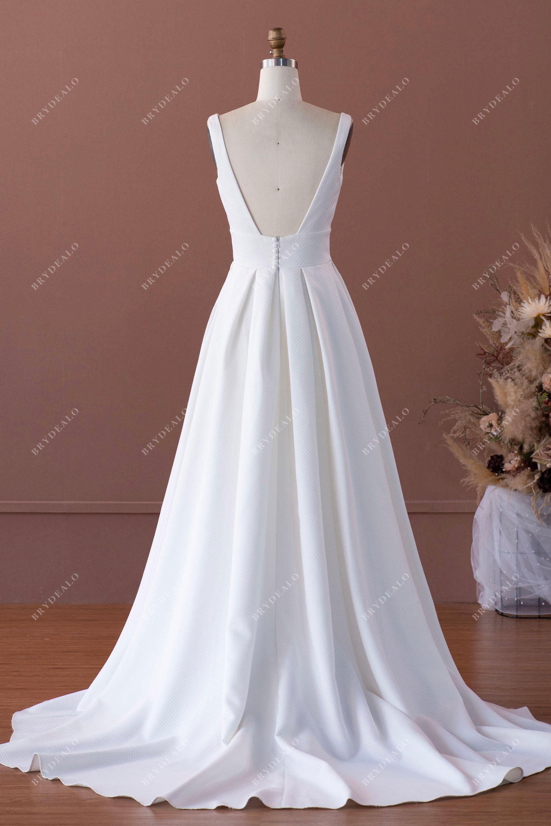 open back A-line court train bridal gown