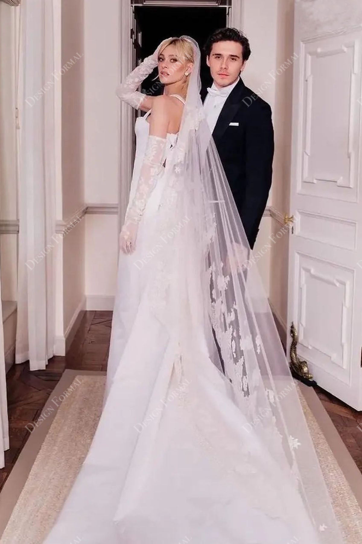 simple straps satin bridal dress with long overskirt