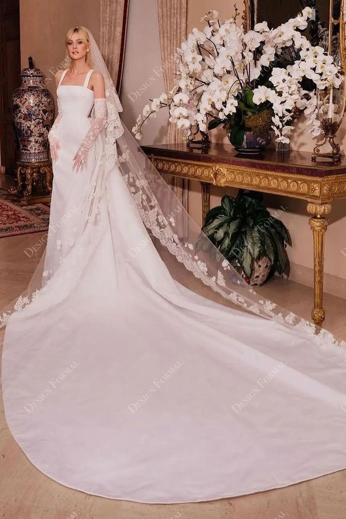 Straps Satin Designer Bridal Dress with Long Overskirt Straps Satin Designer Bridal Dress with Long Overskirt
